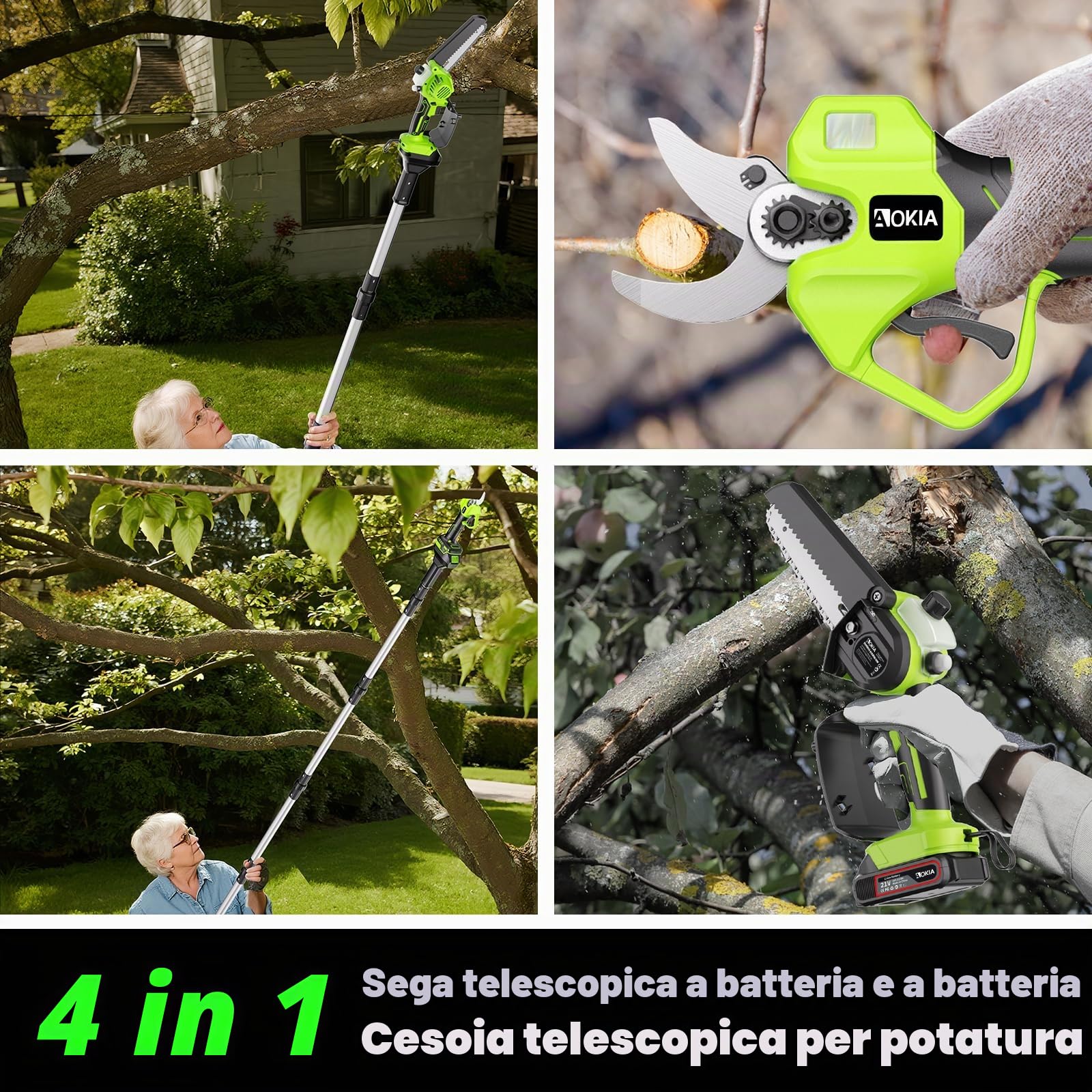 AOKIA 6 Pollici Motosega a Batteria Telescopica & 33 mm Forbici Potatura a Batteria, 4-in-1 Kit Motosega e Forbici con 2 * 2000 mAh Batterie, Portata Massima Fino a 4,5 m