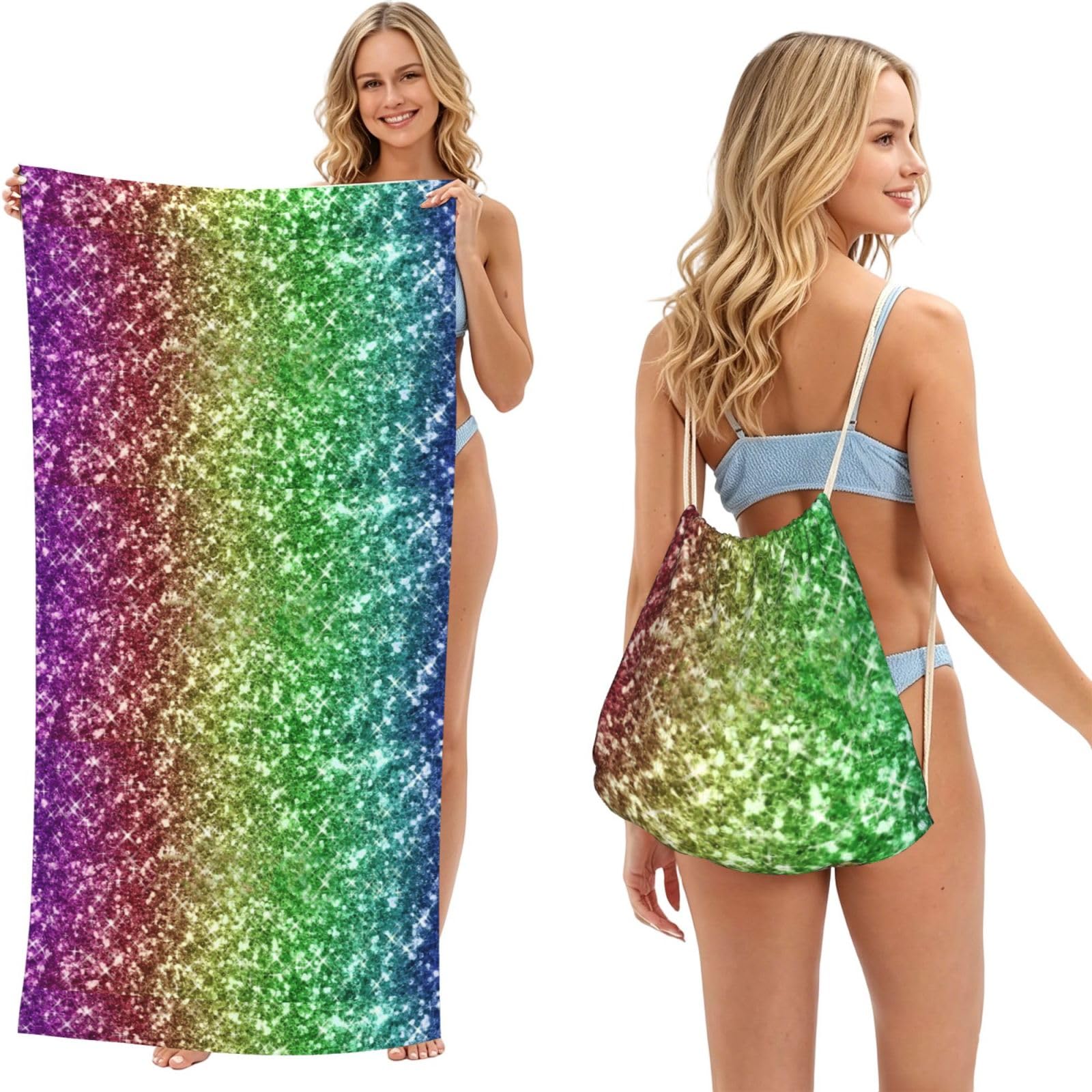 Poadnly As Picture Rainbow Glitter Sparkle, 2 In 1 Packable Towel Bag, Beach Towels With Drawstring Backpack For Travel Holiday Camping