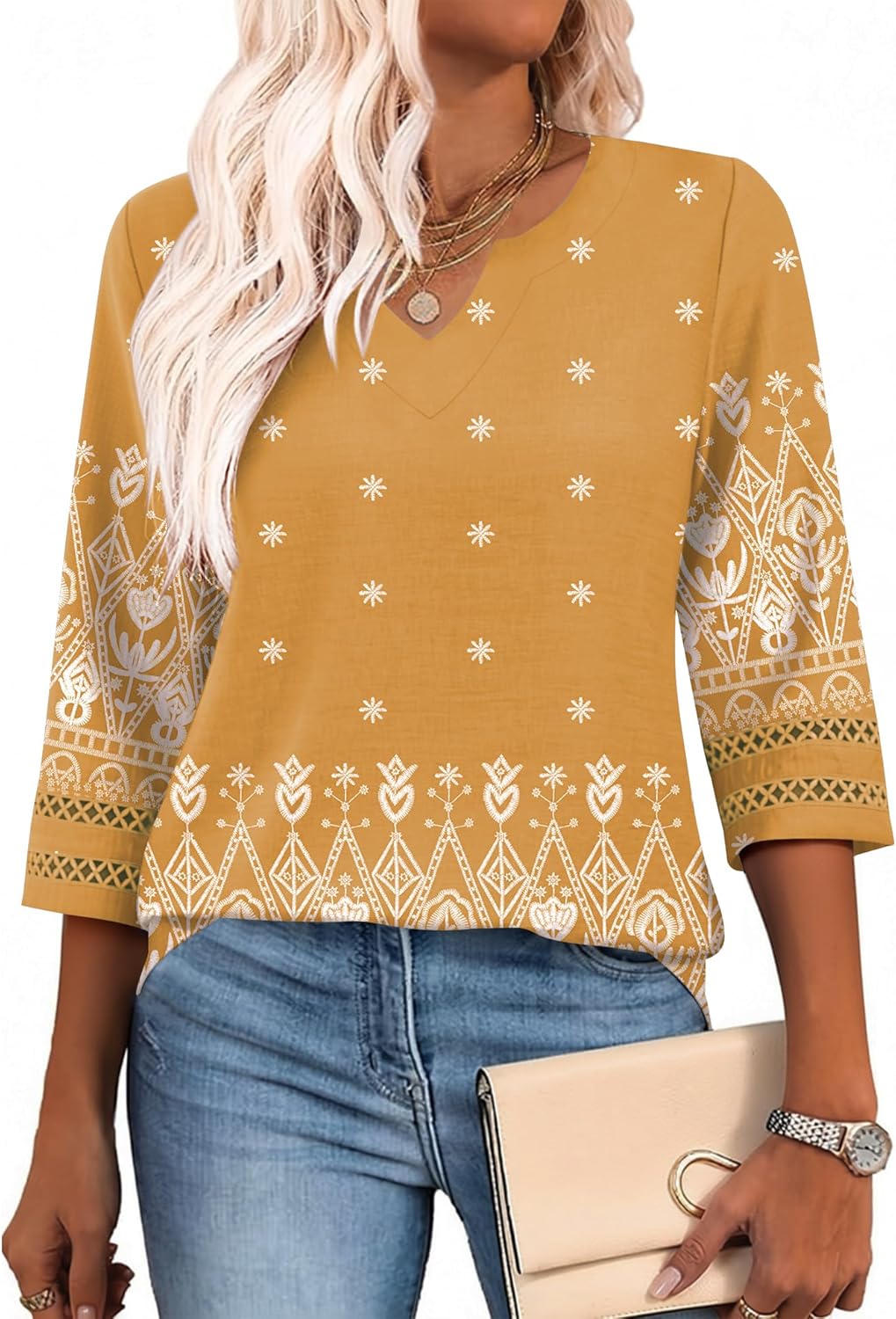 Lomon Womens 3/4 Sleeve V Neck Bohemian Blouses Casual Loose Fit Tunic Tops Vacation Clothes