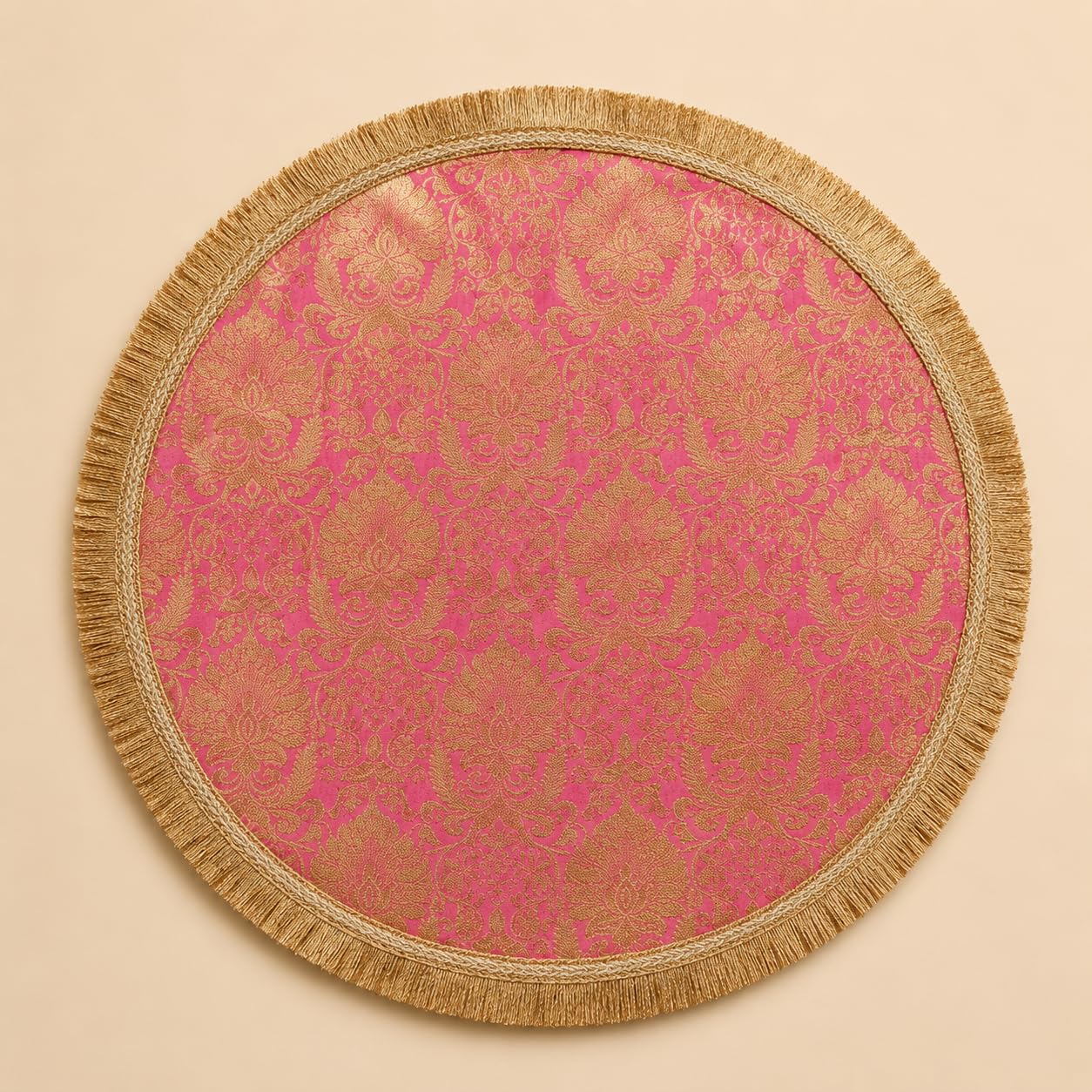 Pink Round Pooja Aasan Chowki Mat with Golden Floral Design and Decorative Fringe Border for Puja Festive Decoration-image-31