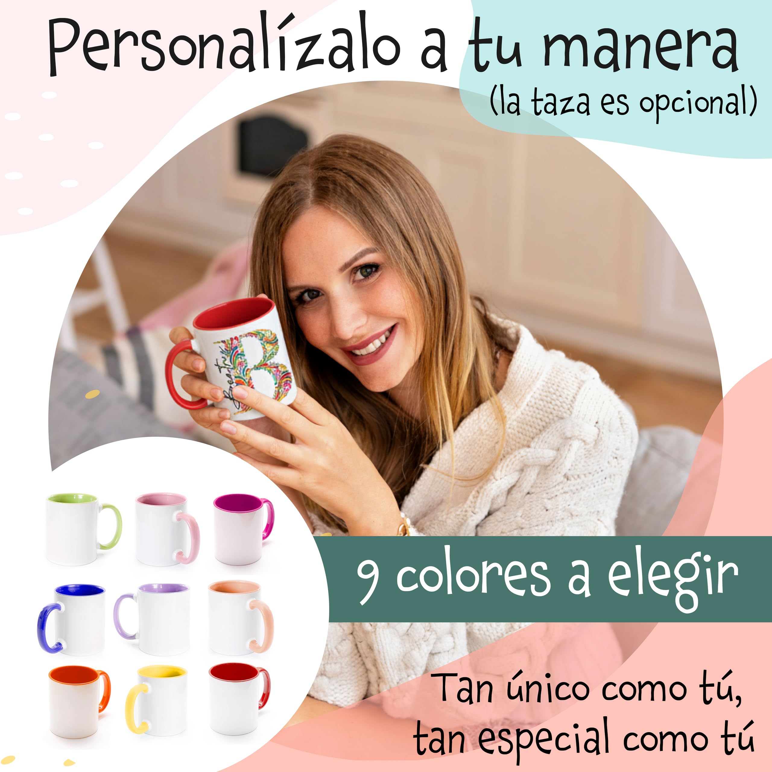 Set Regalo Personalizado Mujer – Tote Bag con Inicial y Nombre + Botella a Juego | Opción de Añadir Taza Personalizada con Mensaje y Color – Hecho a Mano en España