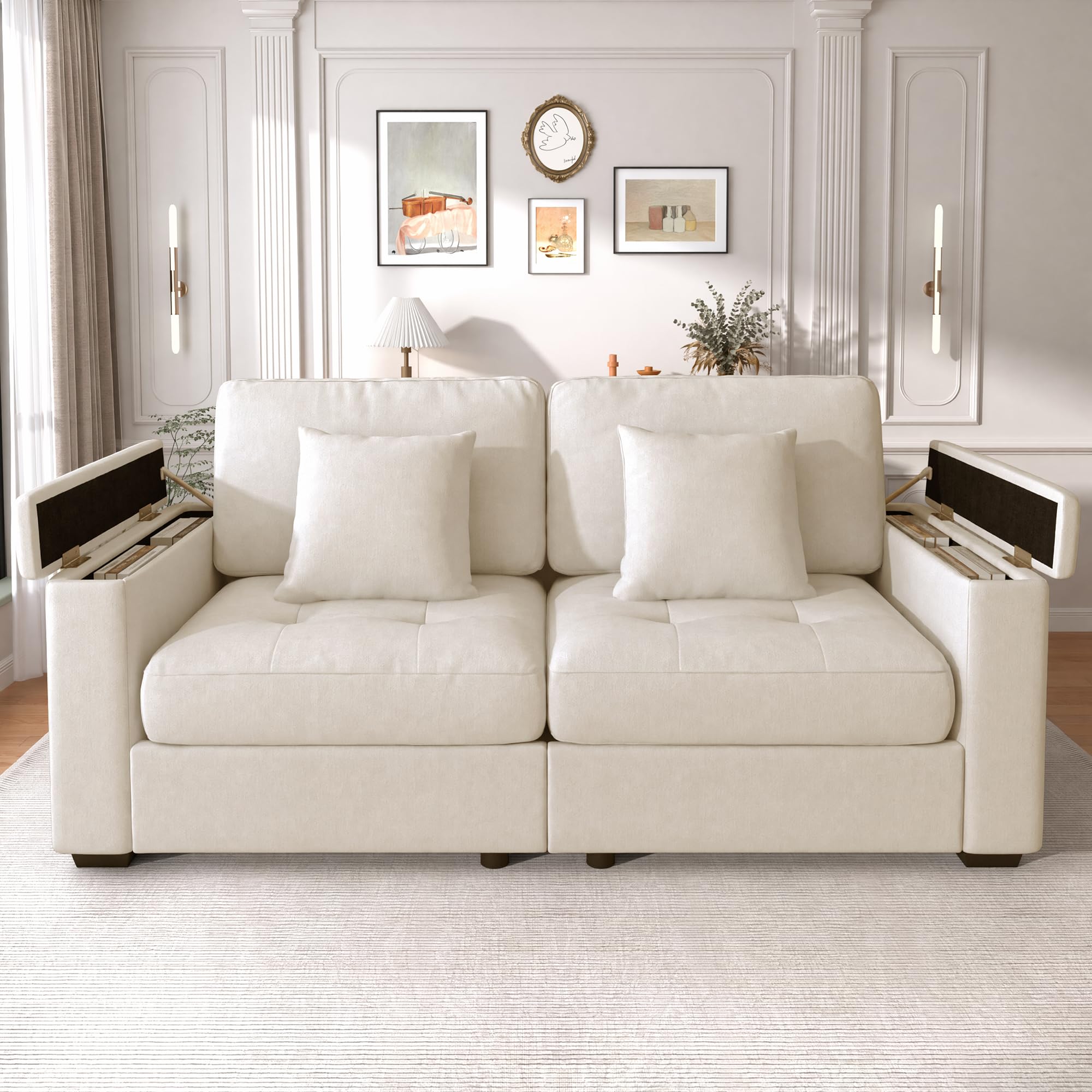 Merax 2-Sitzer Sofa mit Stauraum in den Armlehnen, Wohnzimmercouch aus weichem Chenille-Stoff, Polstersofa inkl. 2 Kissen & hochdichtem Schaumstoff, Couch für kleine Räume, Dunkelgrau