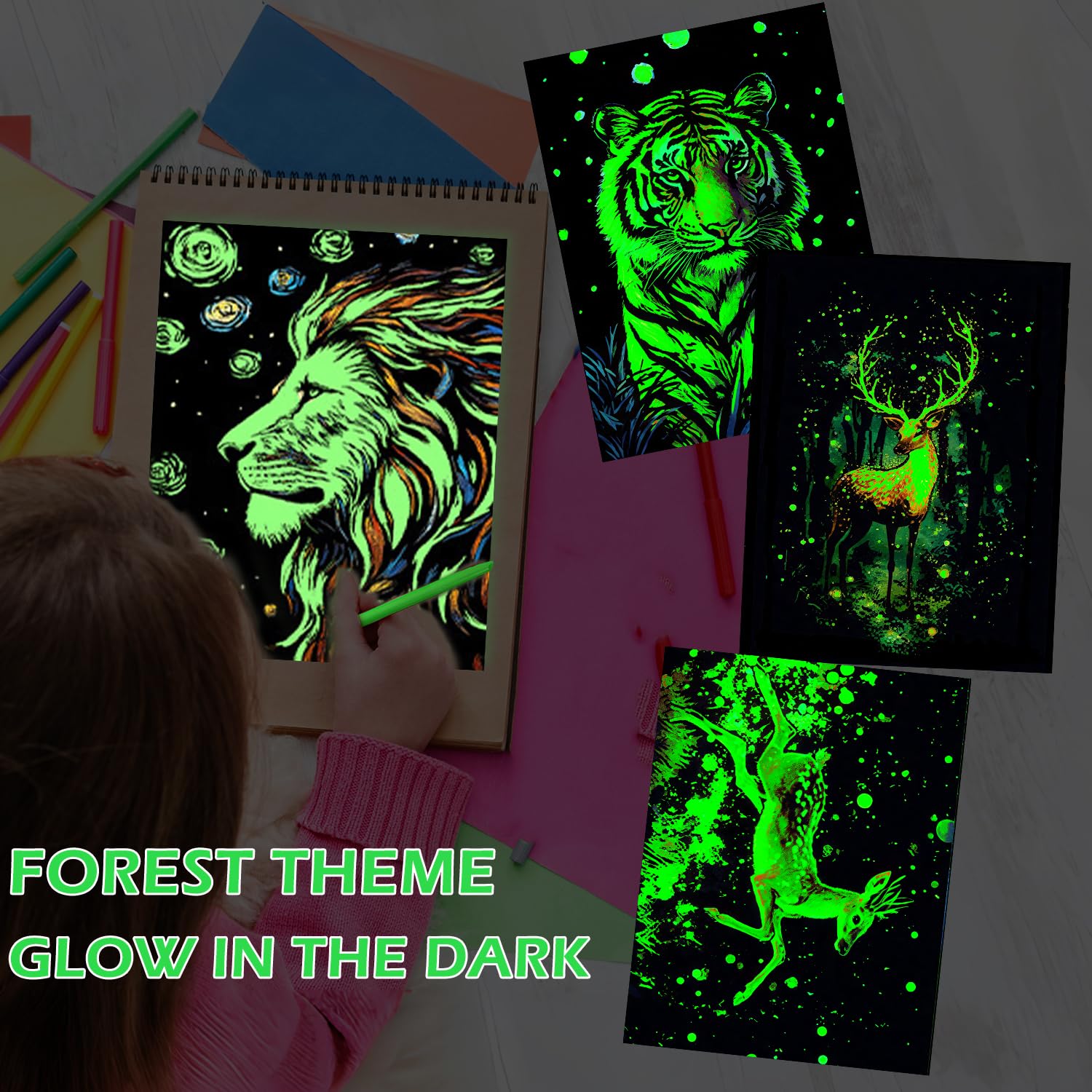 Kit Art à Gratter Arc-en-Ciel Lumineux 8 Pièces avec Outils de Grattage pour Adultes et Enfants (Animaux)