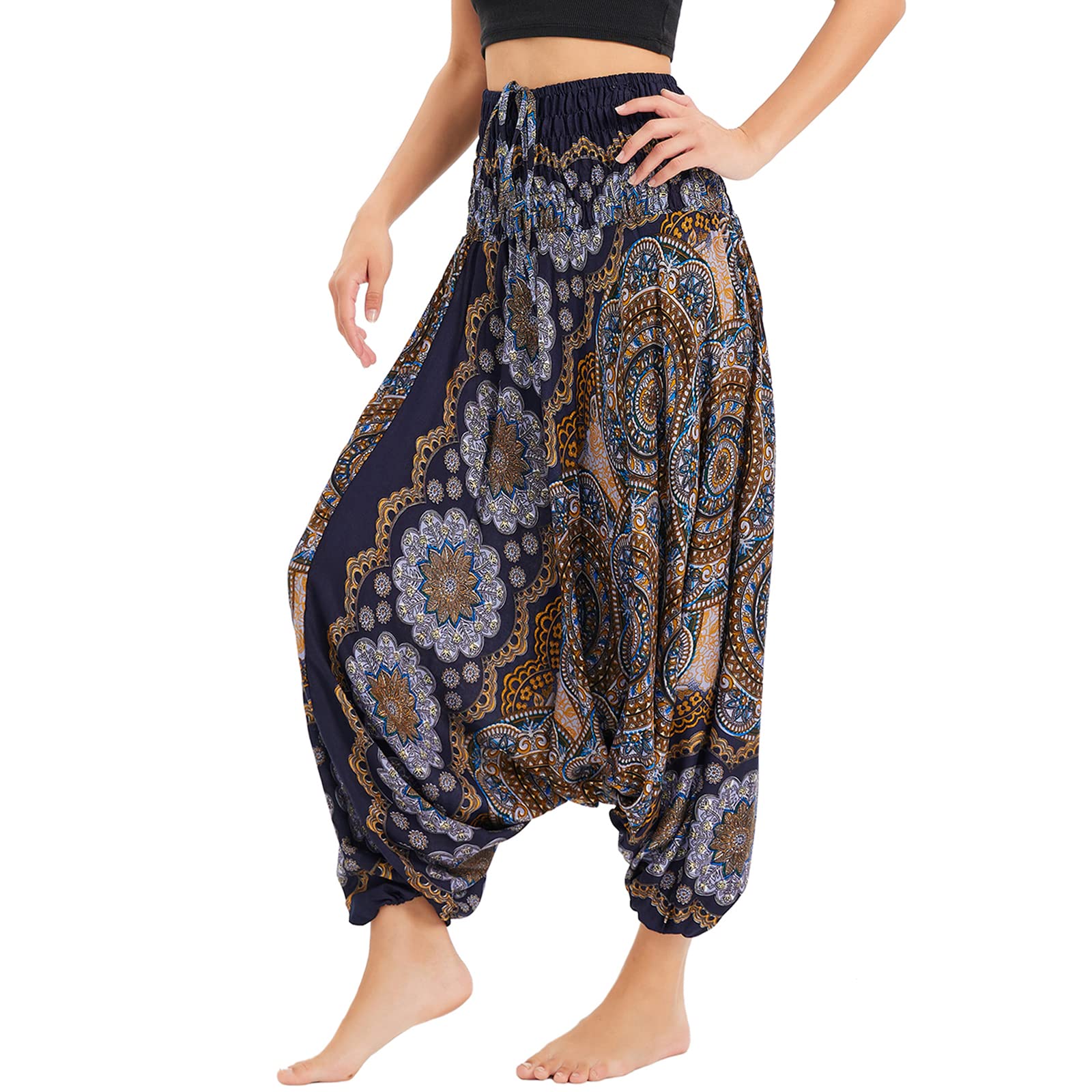 Nuofengkudu Femme Hippie Sarouel Combinaison Pantalon Jumpsuit Taille Haute Large Boheme Fleuri Imprimé Leger Thai Yoga Pants Pyjama Ete Plage