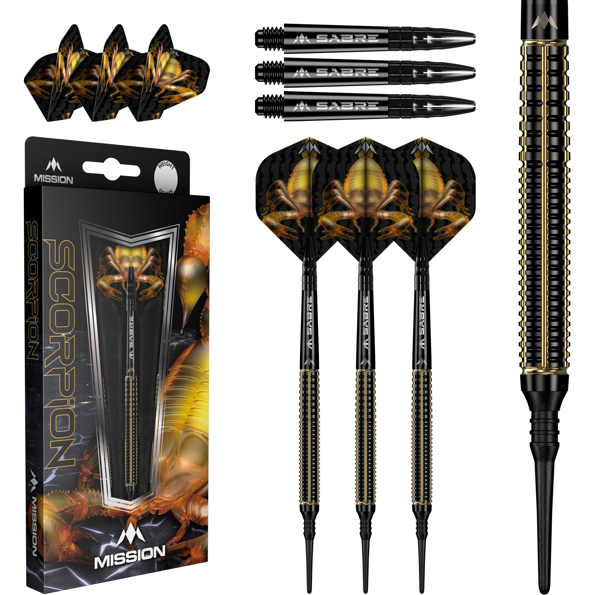 Mission Darts Soft Darts 90% Tungsten - 90% Tungsten, Black & Gold PVD Electro Plate, 19g