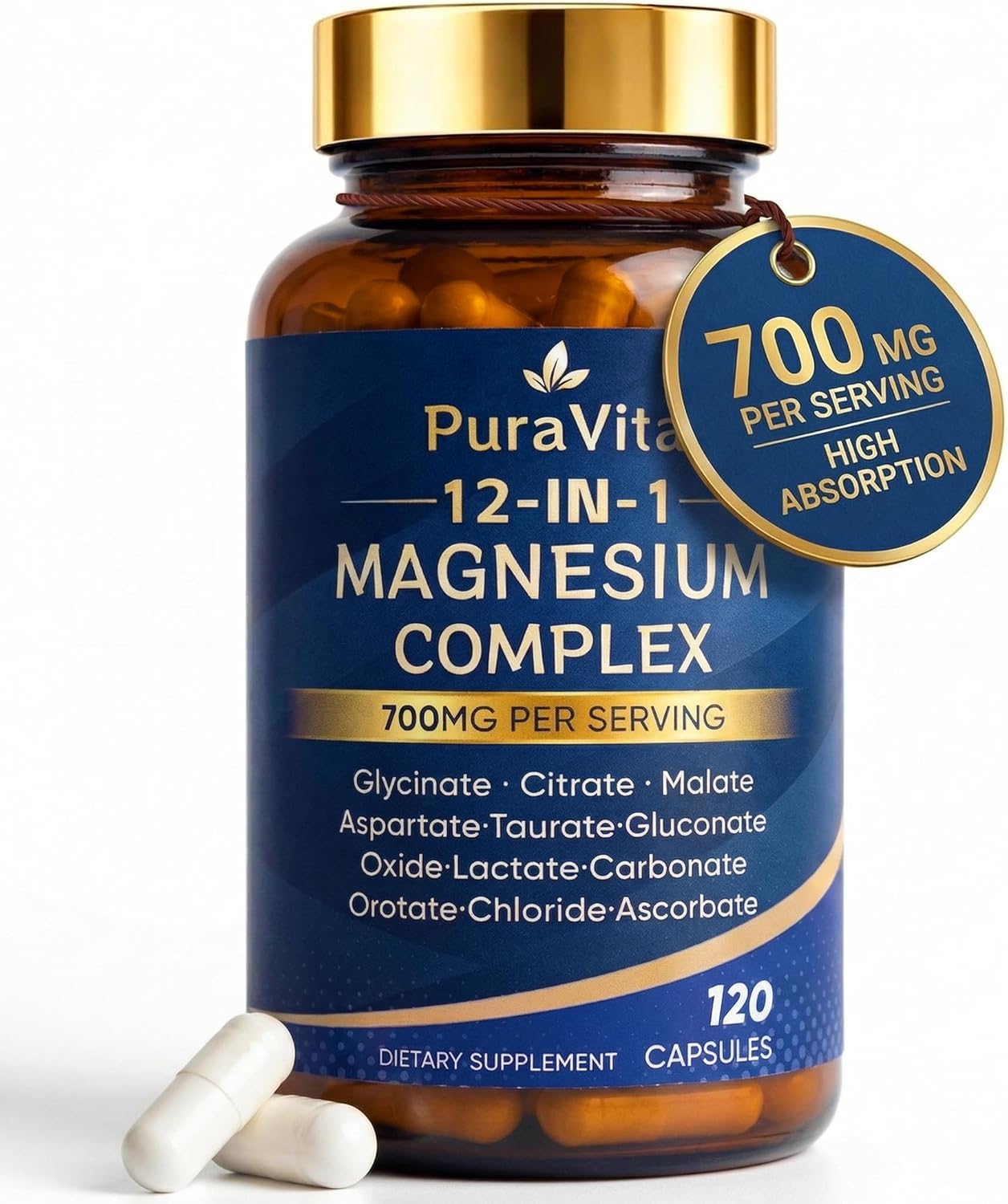 Puravita 12 in 1 Magnesium, Magnesium Complex for Women Men, 700mg High Absorption, Glycinate, Citrate, Malate, Oxide, Taurat, Relaxation & Energy Support, Vegan 120 Capsules (A)