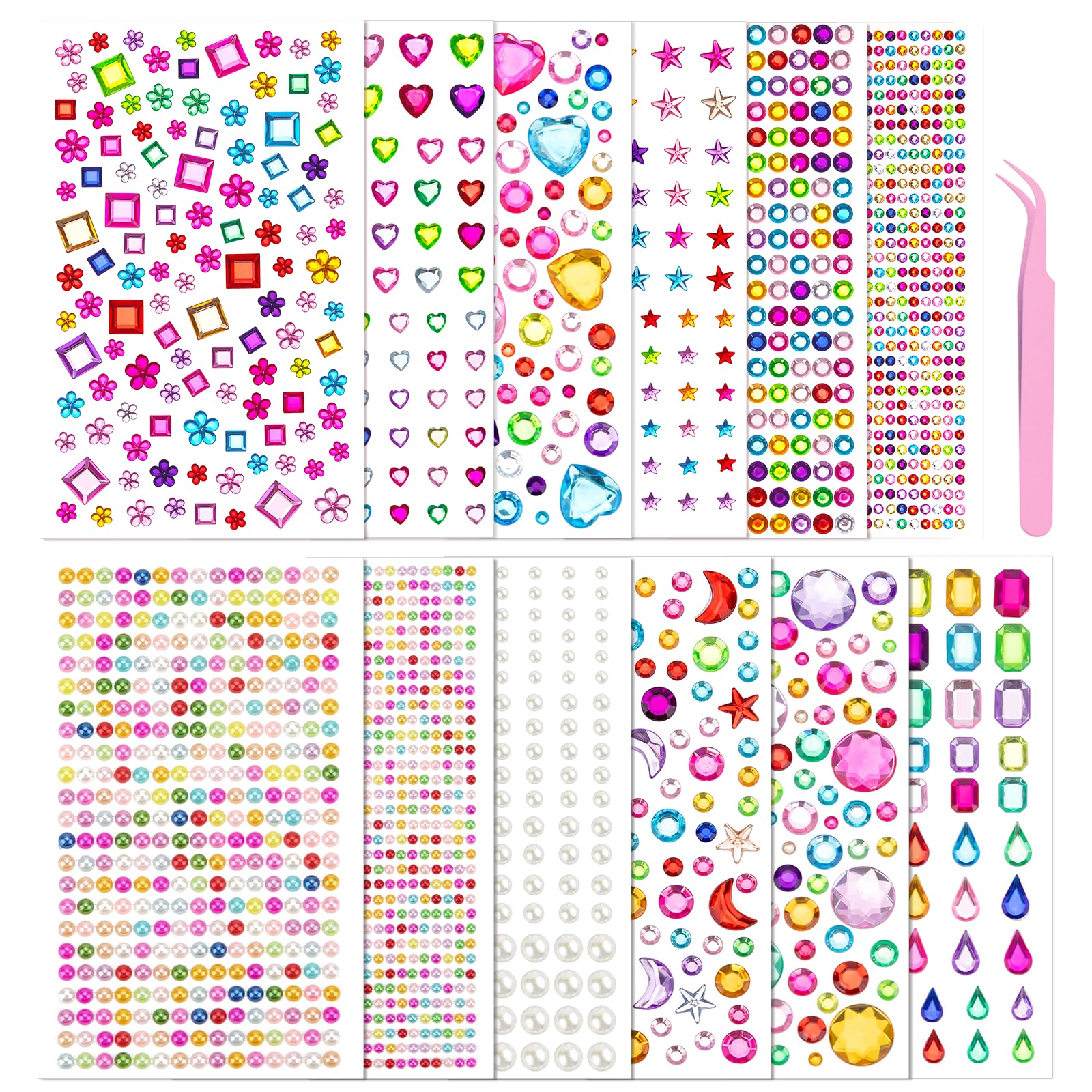 KICNIC 3300pcs Gem Stickers, 12 Sheets Self Adhesive Rhinestone