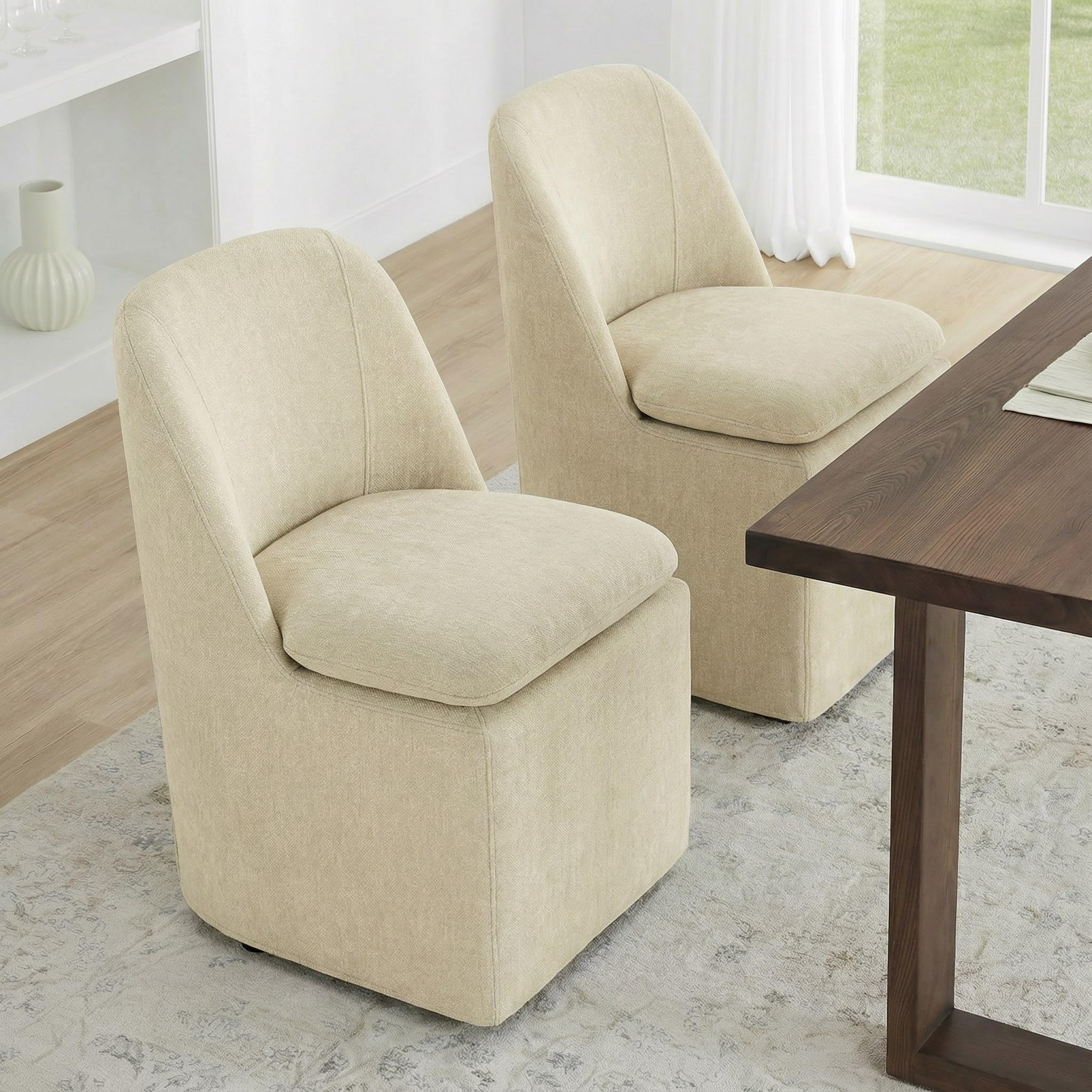 KISLOT Upholstered Dining Chairs Set of 2 with Casters, Modern Side Armless Deskchair with Washable Slipcover &amp; Sturdy Metal Frame for Diningroom Bedroom Livingroom Reading Room, Sand Fabric