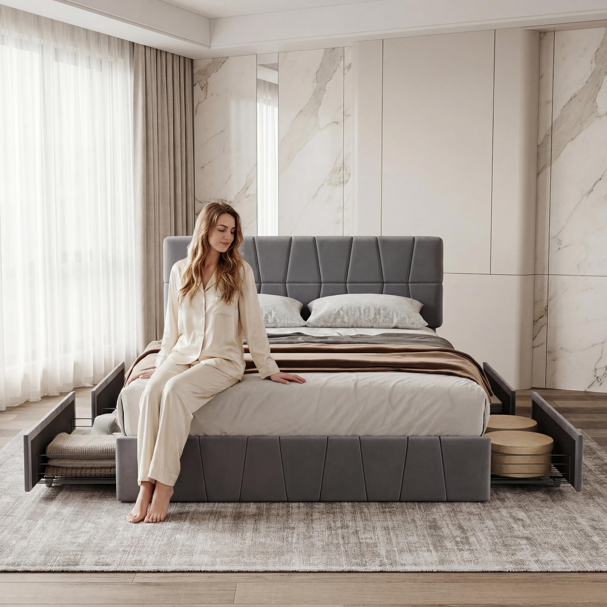 Letto Imbottito 160x200,Letto Matrimoniale con 4 Cassetti letto Matrimoniale Imbottito con contenitore Letti con Usb e Luce Led Letti Contenitore (grigio, velluto B, 160 x 200 cm)