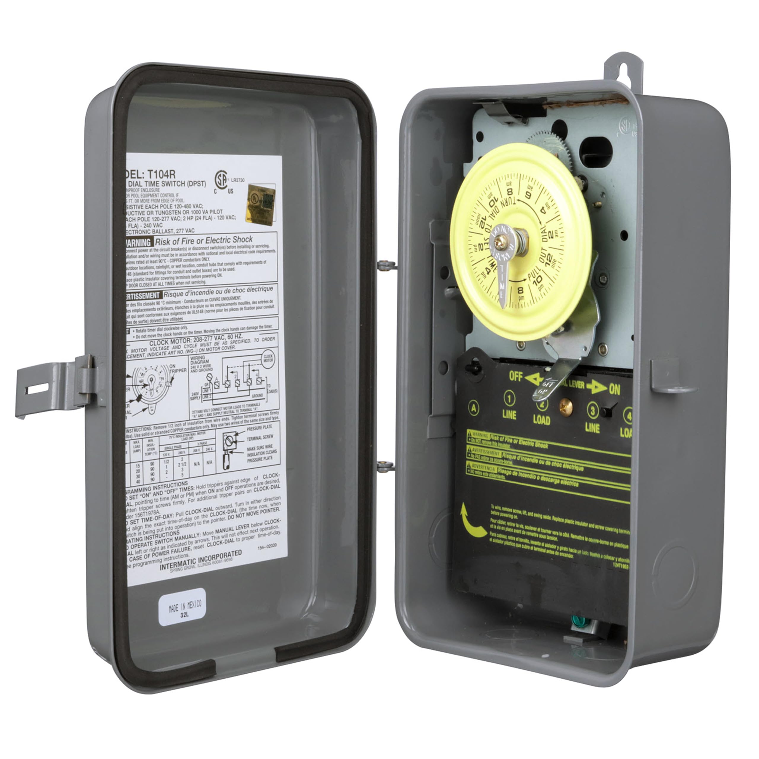Intermatic T104R 24 Hour Mechanical Timer Switch - 208–277 VAC, DPST, Type 3R Indoor/Outdoor Metal Enclosure, Heavy-Duty, Manual Override, 40 Amp – Ideal for Lights, Pumps, Fans, and HVAC Systems