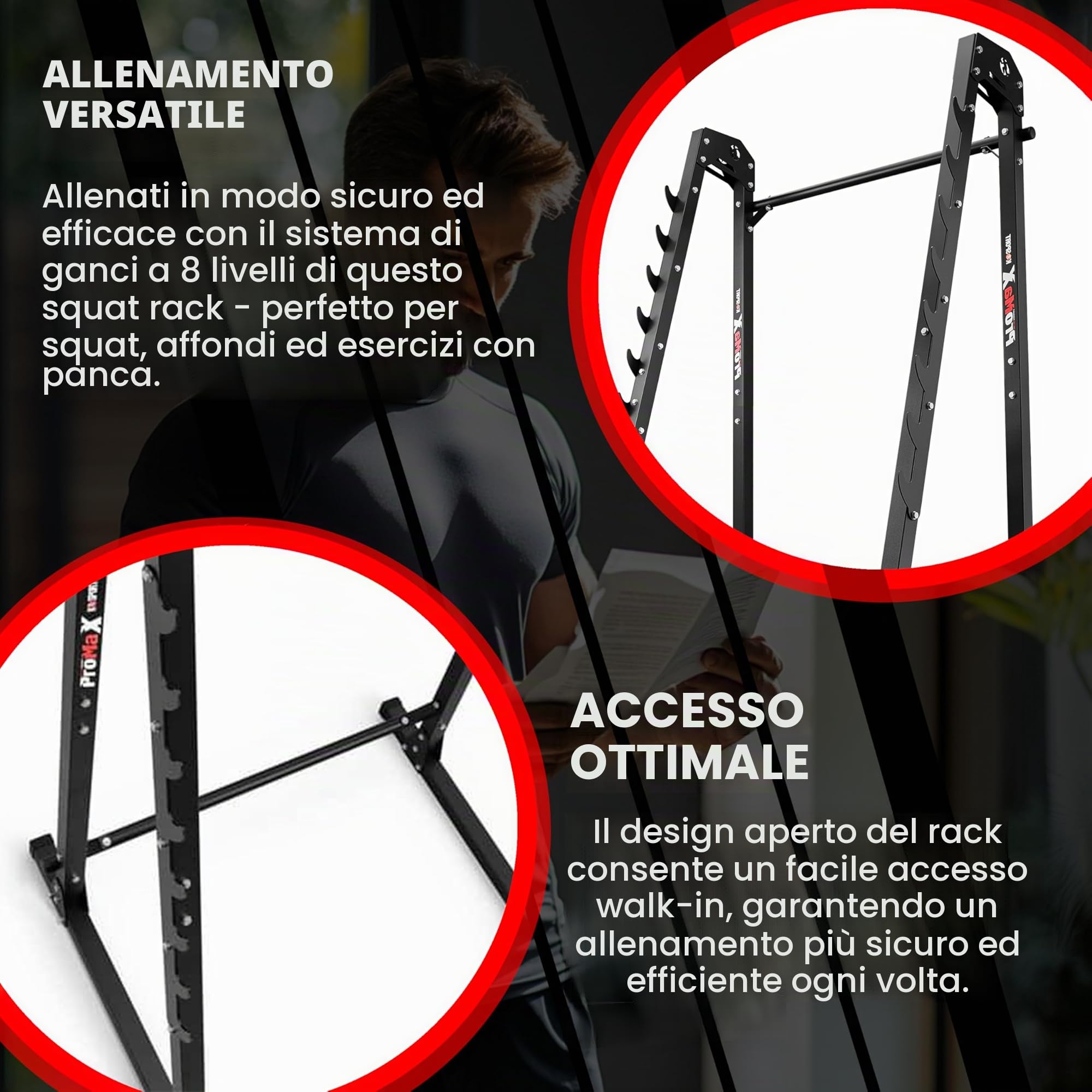 K-Sport: Porta bilanciere con dispositivo di sicurezza caricabile fino 280kg I Rack palestra per squat I Supporto bilanciere con barra di aggancio a 8 gradini I Rack bilanciere per squat, E-Book incl.