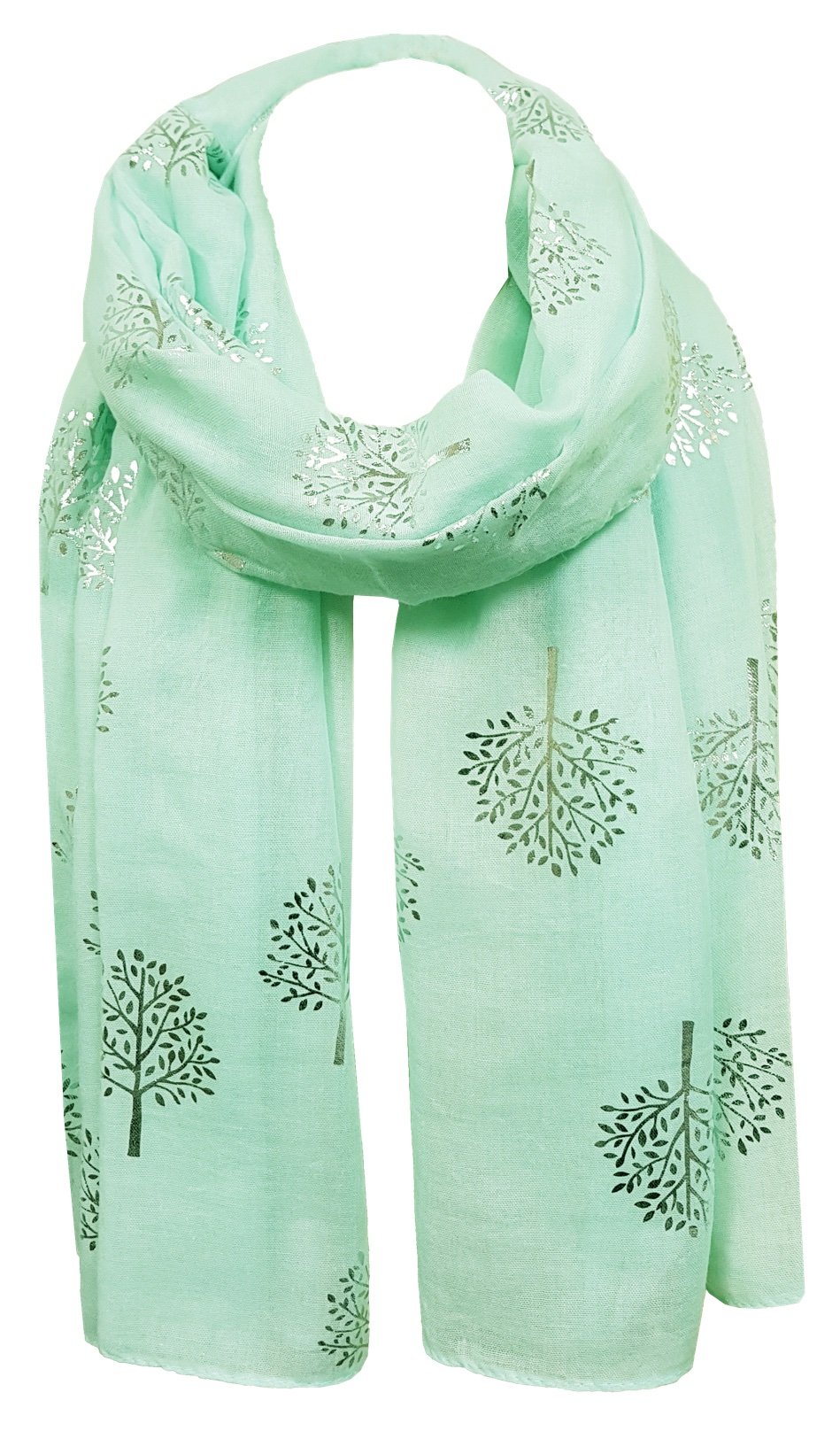 World of Shawls Silver Foil Mulberry Tree Print Fashion Scarf (Mint)