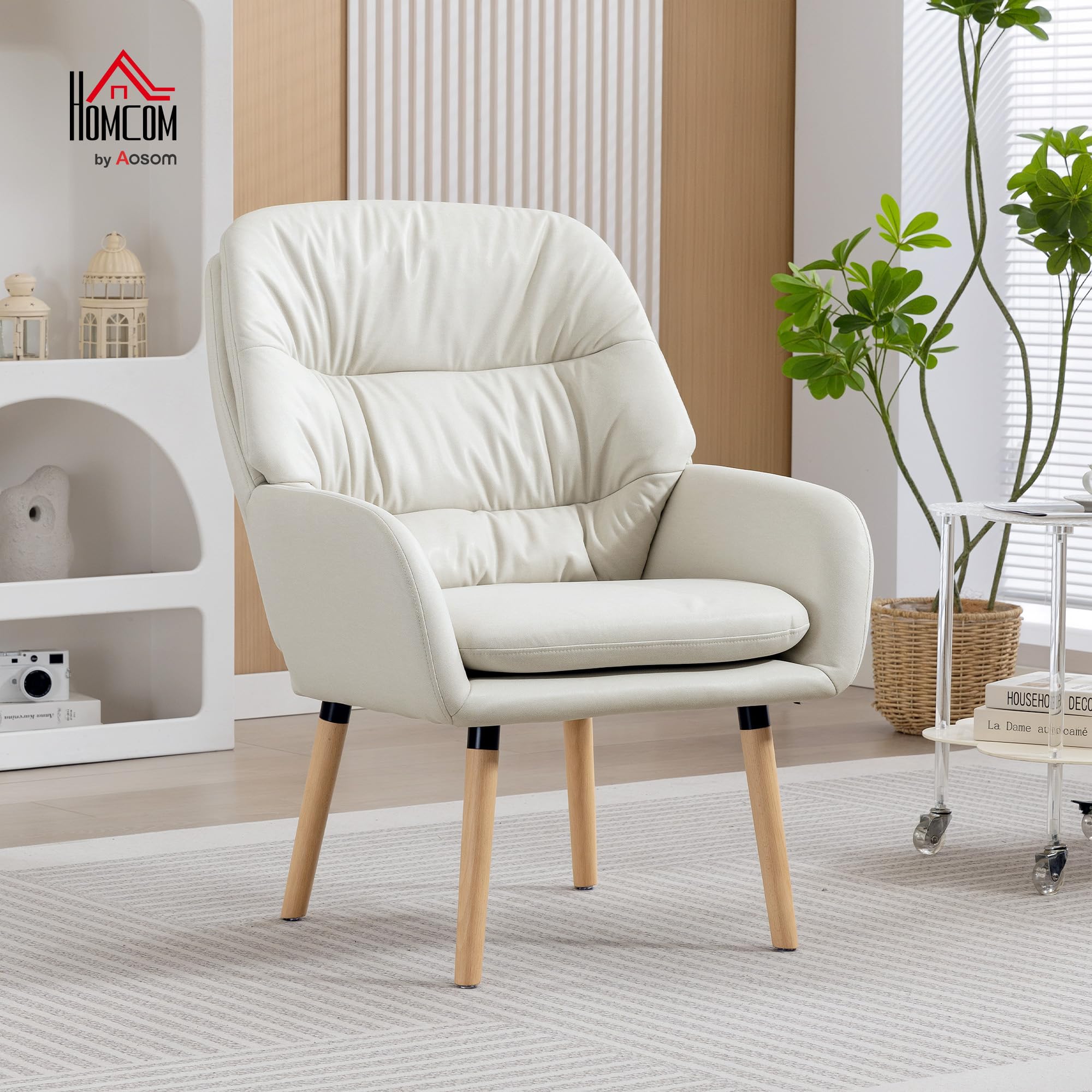HOMCOM Sillón de Salón Moderno, Butaca de Salón, Acolchado de Doble Capa, Tapizado en Cuero Sintético, Patas de Madera, Sillón de Lectura para Dormitorio, Oficina, Estudio, 68x74x89 cm, Crema