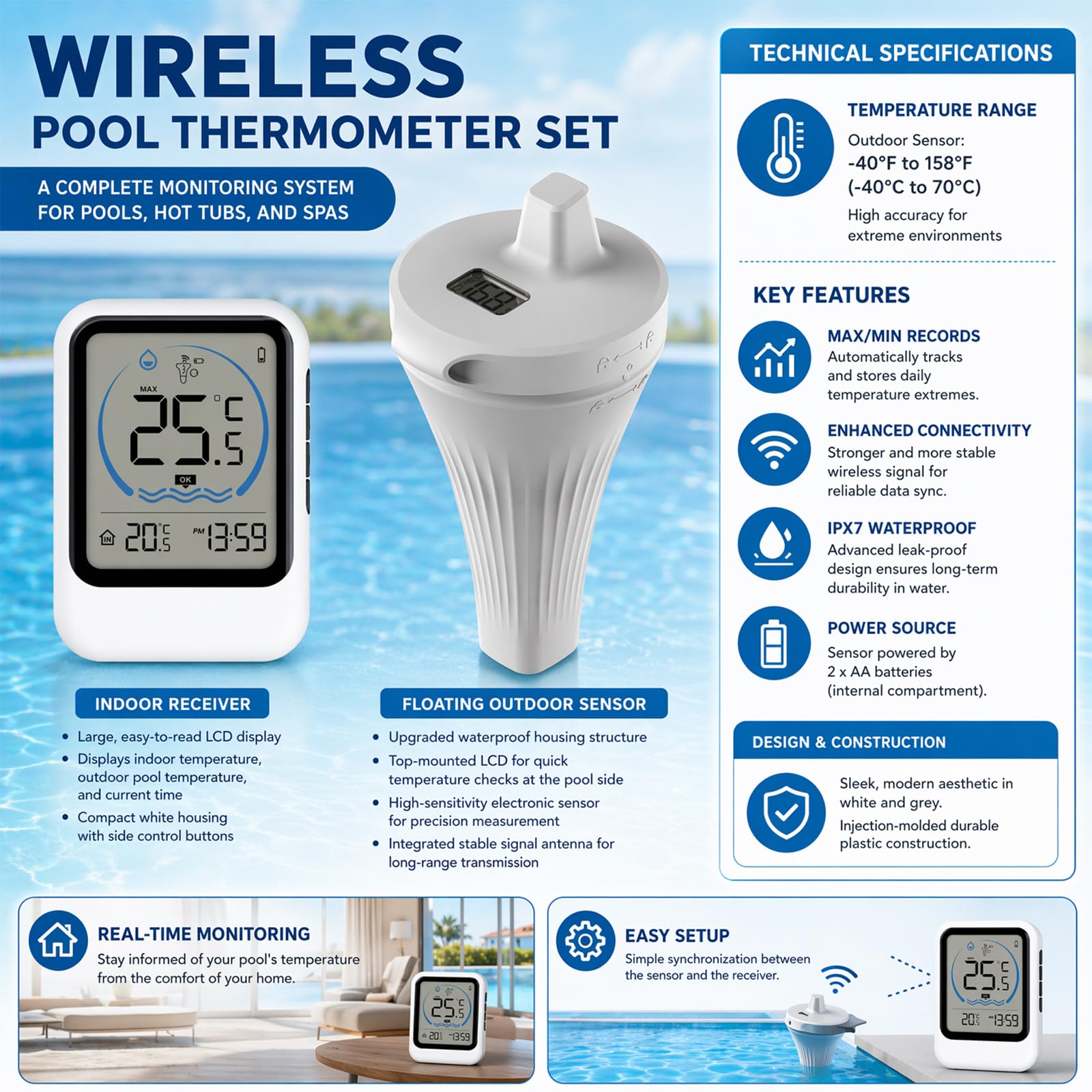 Poolthermometer Digital Funk, IP68 Wasserdichtes Schwimmendes Pool Thermometer mit LCD Display, Kabelloses Wasserthermometer für Pools, Aquarien, Teiche und Badewannen