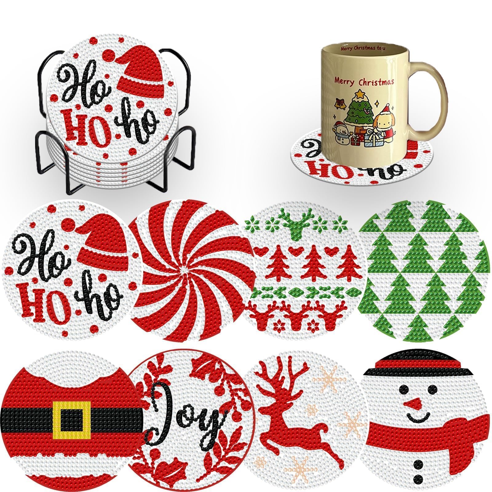 12 Pcs Christmas Diamond Painting Coasters Kit - DIY Xmas Craft With Holder For Adults & Kids