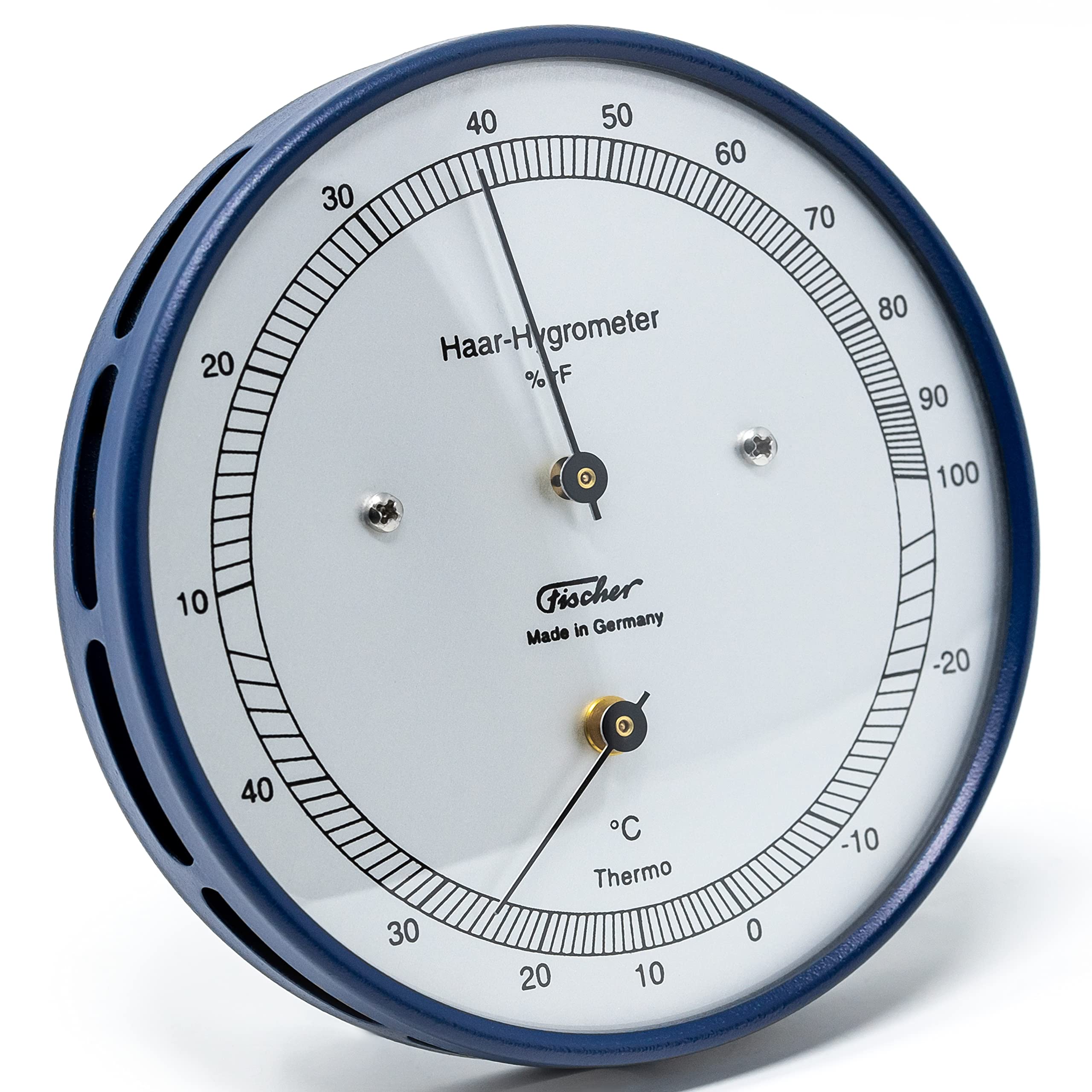 Fischer 111.48T – Higrómetro de pelo con termómetro – 103 mm – Medidor de humedad exterior fabricado en Alemania – Acero inoxidable azul