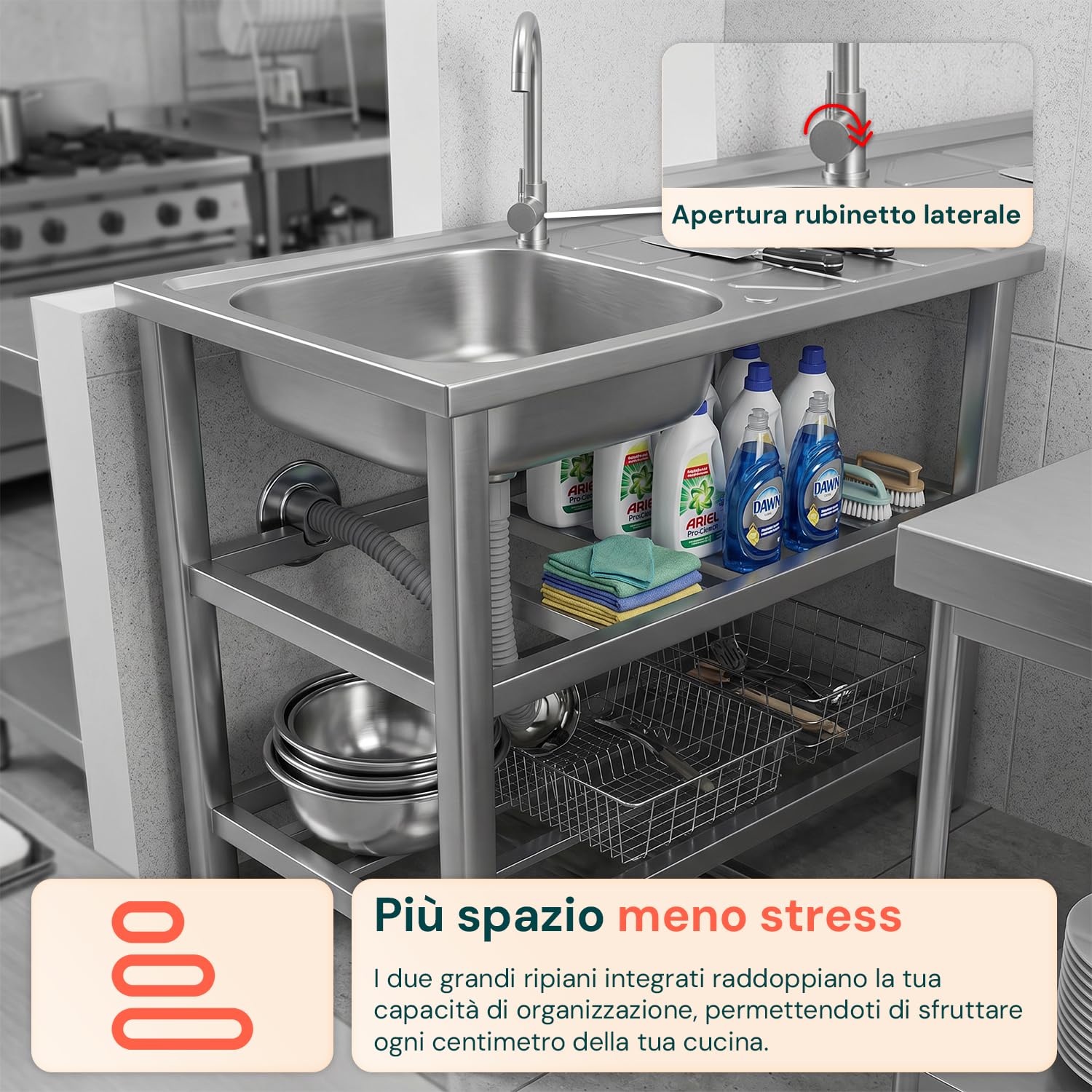 Avilia - Lavello Multifunzione in Acciaio Inox Professionale con Fontana – Lavandino da Esterno e Interno Reversibile – Dimensioni 75x40x80 cm con Doppia Mensola, Rubinetto e Kit Scarico Completo