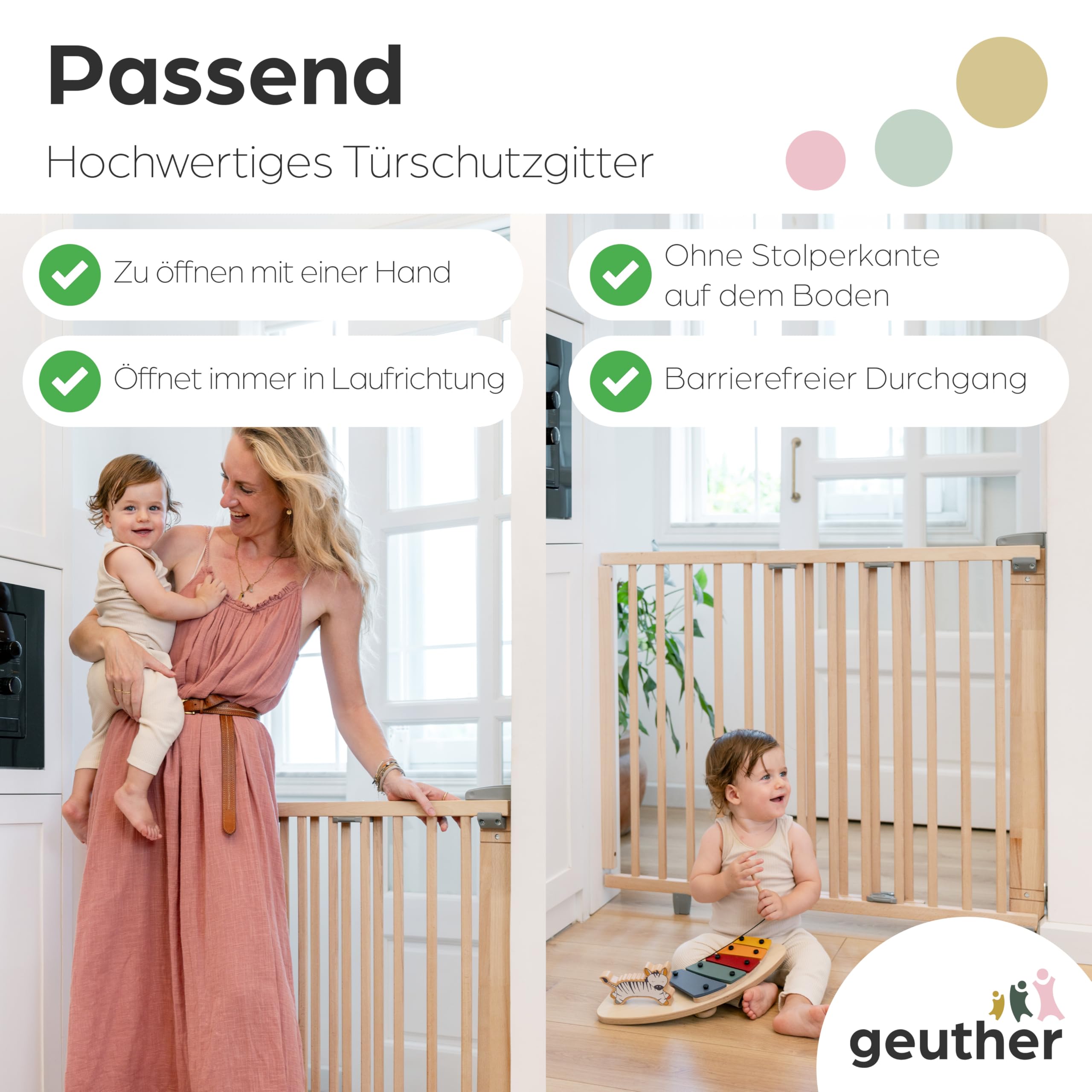 Geuther Türschutzgitter Oris | Treppenschutzgitter zum Anschrauben, Breite 58-93 cm | Stabiles Babygitter & Türgitter mit Schwenktür, sicherheitsgeprüft | Kindergitter Holz, Natur lackiert