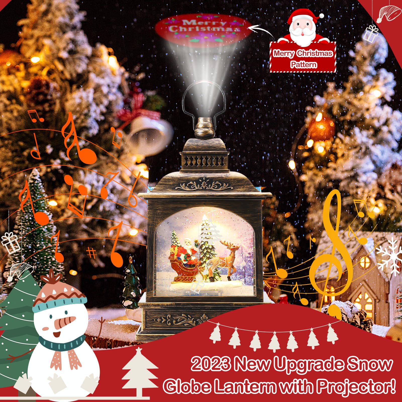Coikes Lanterne de Noël Boule à Neige Musicale LED avec Saillie et Christmas Songs - Décoration Intérieure - Prise USB ou Alimenté par Pile