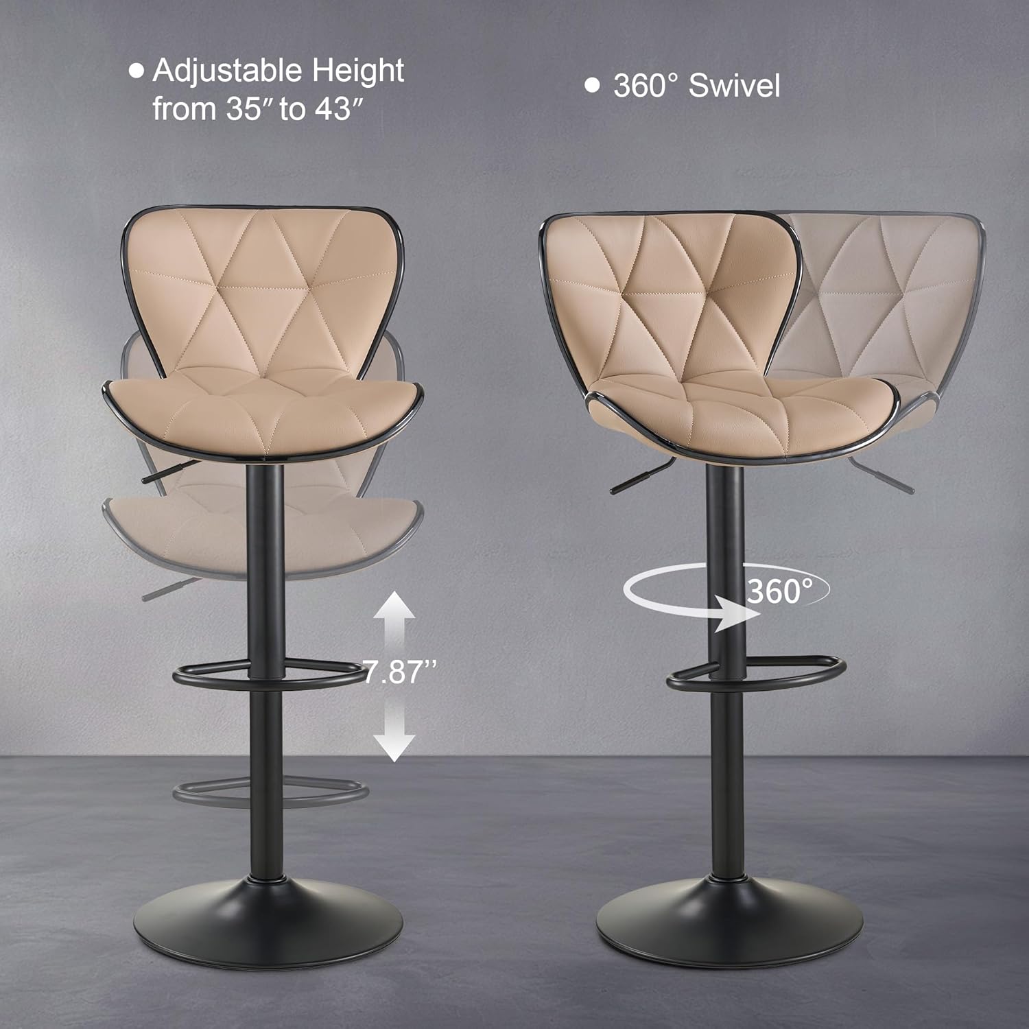 Bar Stools Set of 2, Modern Swivel Counter Height Bar Stools, Adjustable Leather Bar Chairs with Backrest, Upholstered Armless Bar Height Stools, Island Chairs for Kitchen Counter, Oatmeal