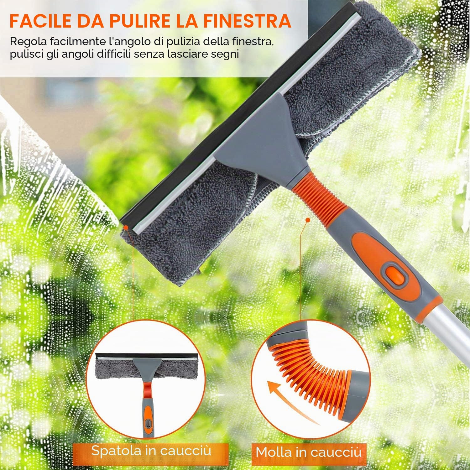 lavavetri professionale 2 in 1, con asta di prolunga, sistema di lavaggio per finestre, con testa pieghevole, strumento per la pulizia di finestre alte, per interni ed esterni