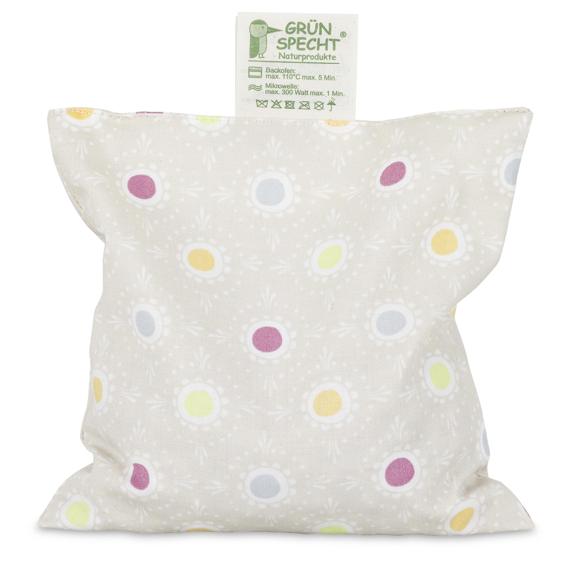 GRÜNSPECHT Kirschkern-Kissen 16x16 cm, Wärmekissen für Nacken, Bauch & Rücken, Bezug aus 100% Baumwolle, für Mikrowelle & Backofen, Punkte beige (112-V3)