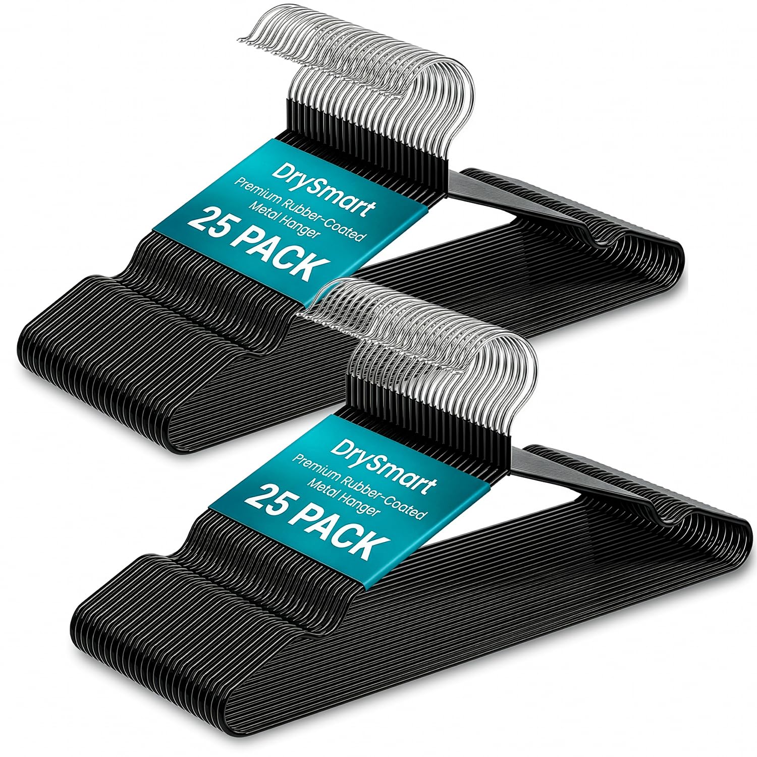 DrySmart 50 Pack Premium Rubber-Coated Metal Clothes Hangers – Heavy-Duty, Non-Slip, Space-Saving Coat Hangers for Adults, Ideal for Shirts, Suits, Jackets & Wardrobes (Black)