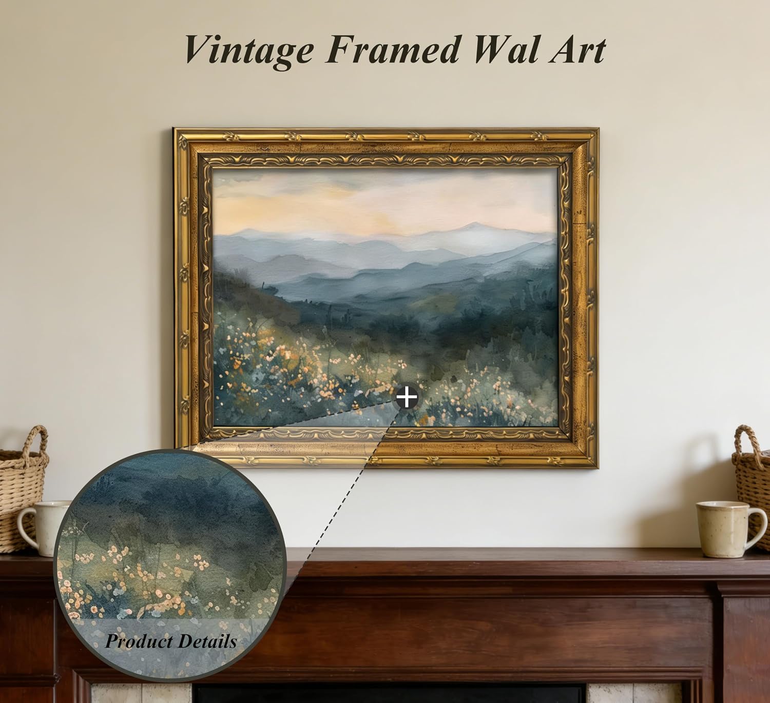 Vintage Gold Framed Forest Wall Art,Wildflower Valley Wall Decor,Meadow Landscape Painting,Watercolor Misty Mountain Pictures for Home,Study,Dining Room,Calming Nature,11L x 9W