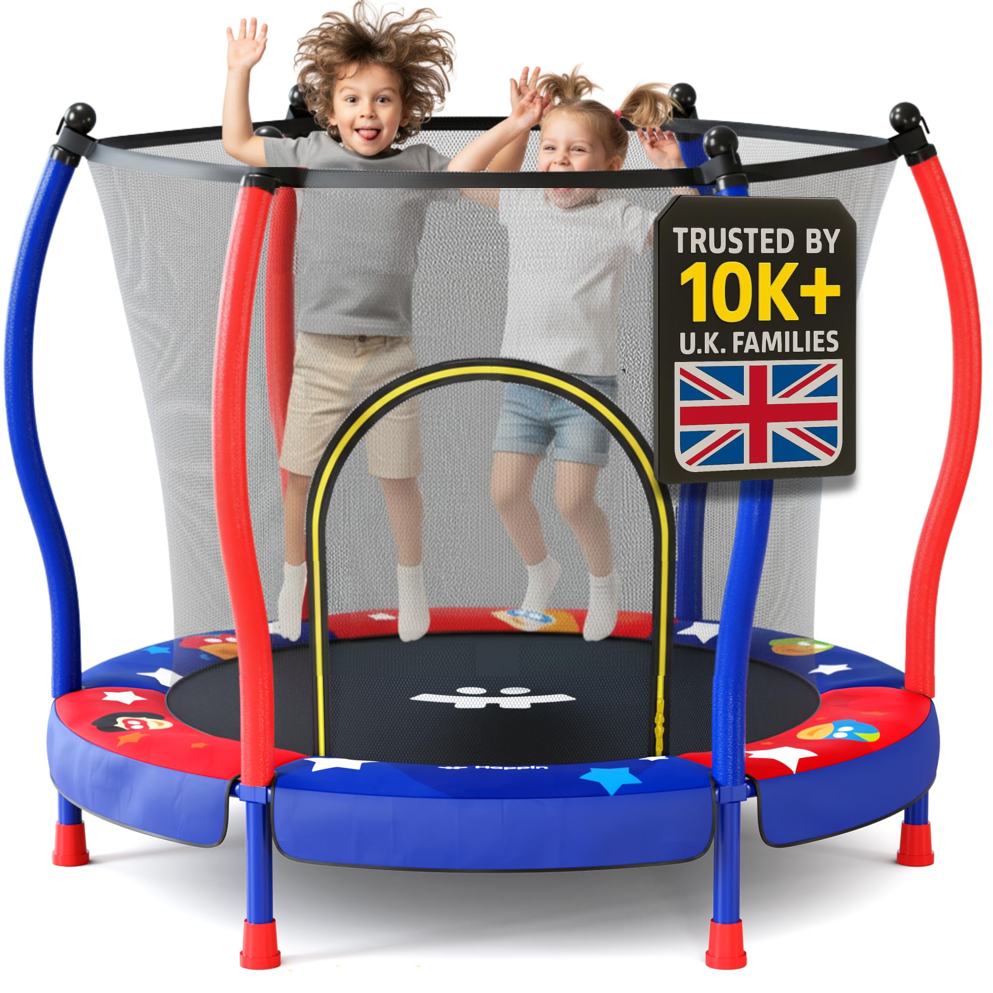 Happin® 55'' Kids Trampoline, Trampolines for Toddlers Ages 2-6 with Safety Enclosure Net, Indoor Outdoor & Toddler | Small Trampoline for Kids with Basketball Hoop for Boys & Girls