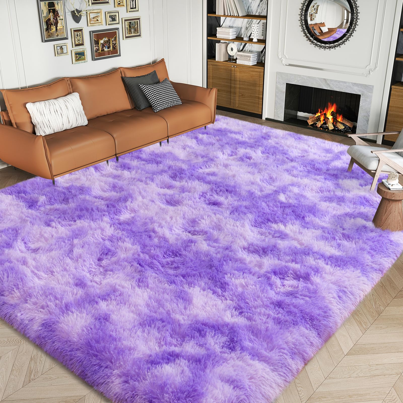 Dssimo Super Fluffy 6x9 Area Rugs for Living Room, Modern Large Tie-dye Purple Shag Rug for Bedroom, Non-Slip Plush Shaggy Thick Purple Carpet for
