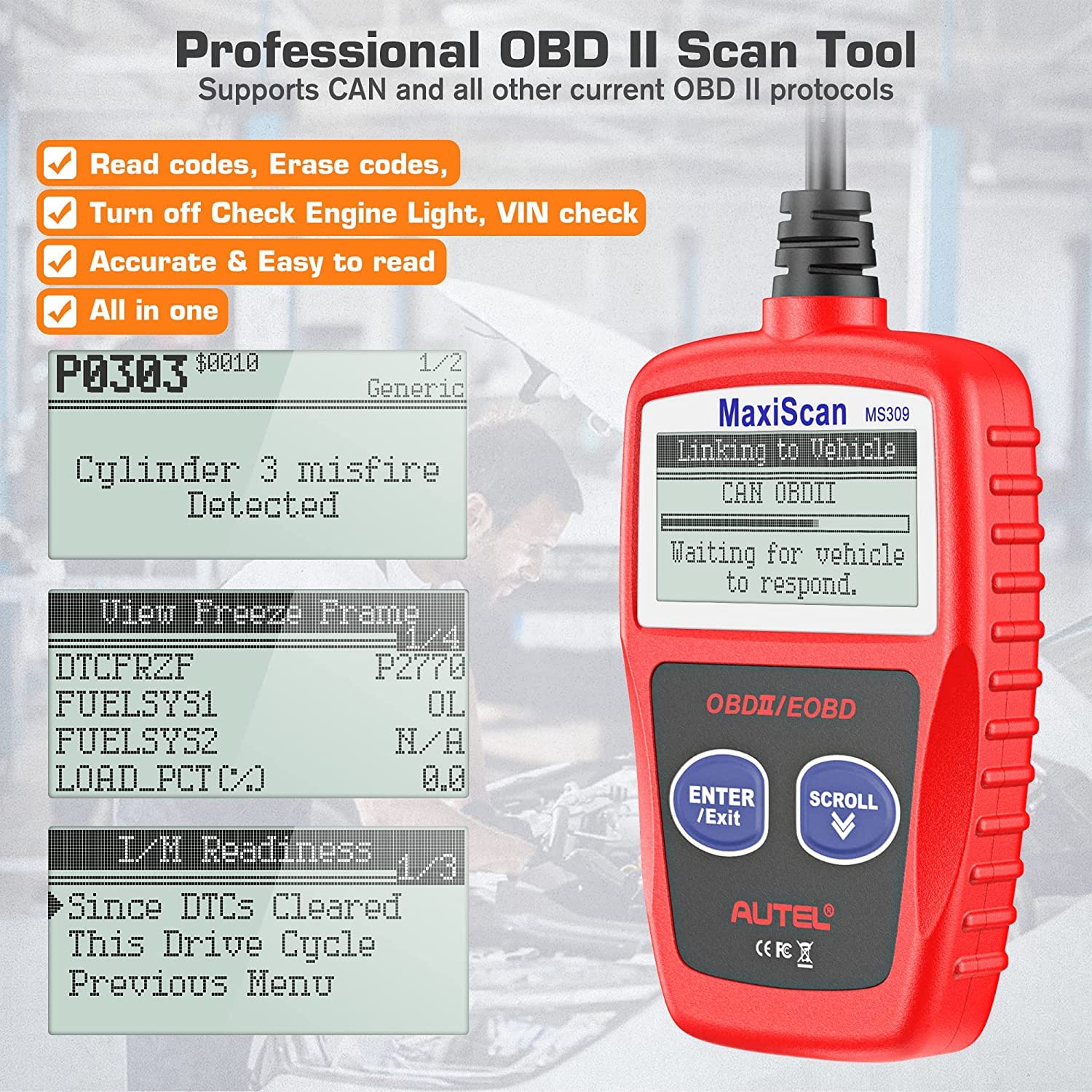 Buy Autel MaxiScan MS309 OBD2 Code Reader, Check Engine Fault, Check