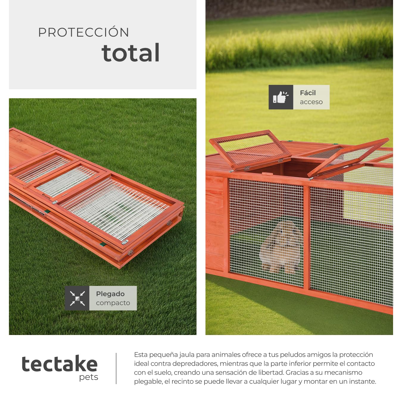 tectake® Jaula Conejo Exterior Plegable, Jaulas para Conejos con Techo Abierto y Malla Fina, Conejera Exterior en Madera Lacada, Jaula Cobaya, Casa Conejo, Casa para Conejos - 103 x 150 x 53 cm