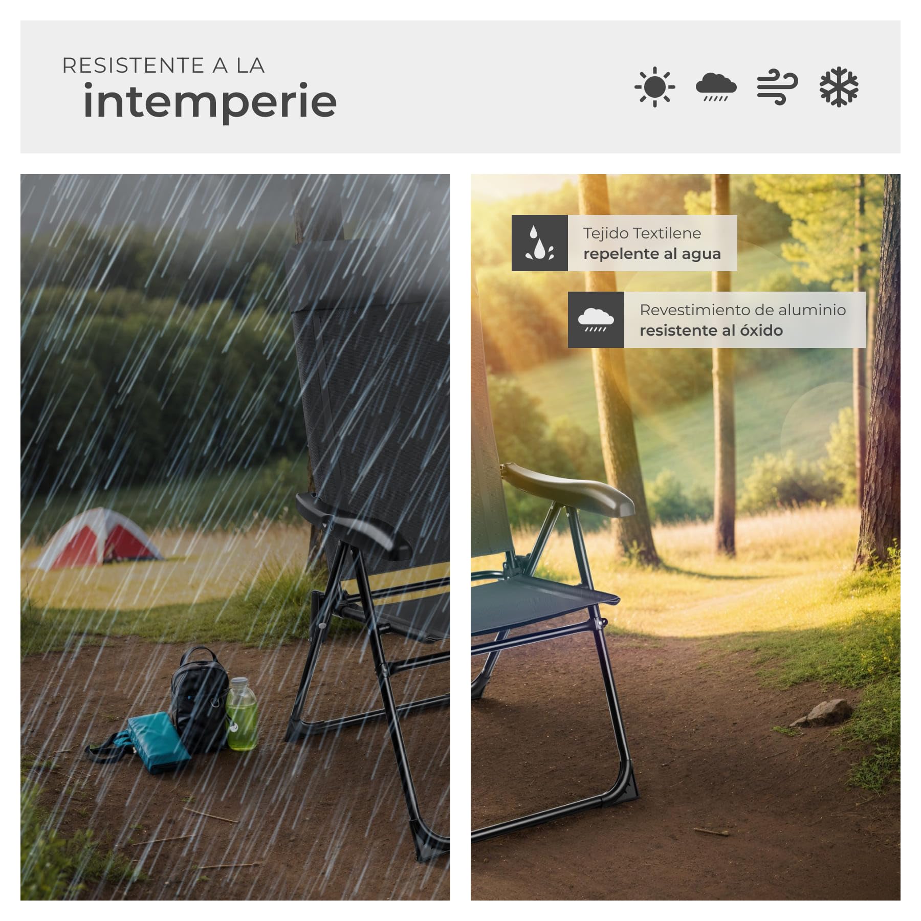 tectake® Silla de Camping Plegable de Aluminio, Respaldo Ajustable 7 Posiciones, Tejido Transpirable, Reposabrazos Ergonómicos, Cojín Extraíble, Pies Antideslizantes, Ideal Acampada y Playa - 4 sillas