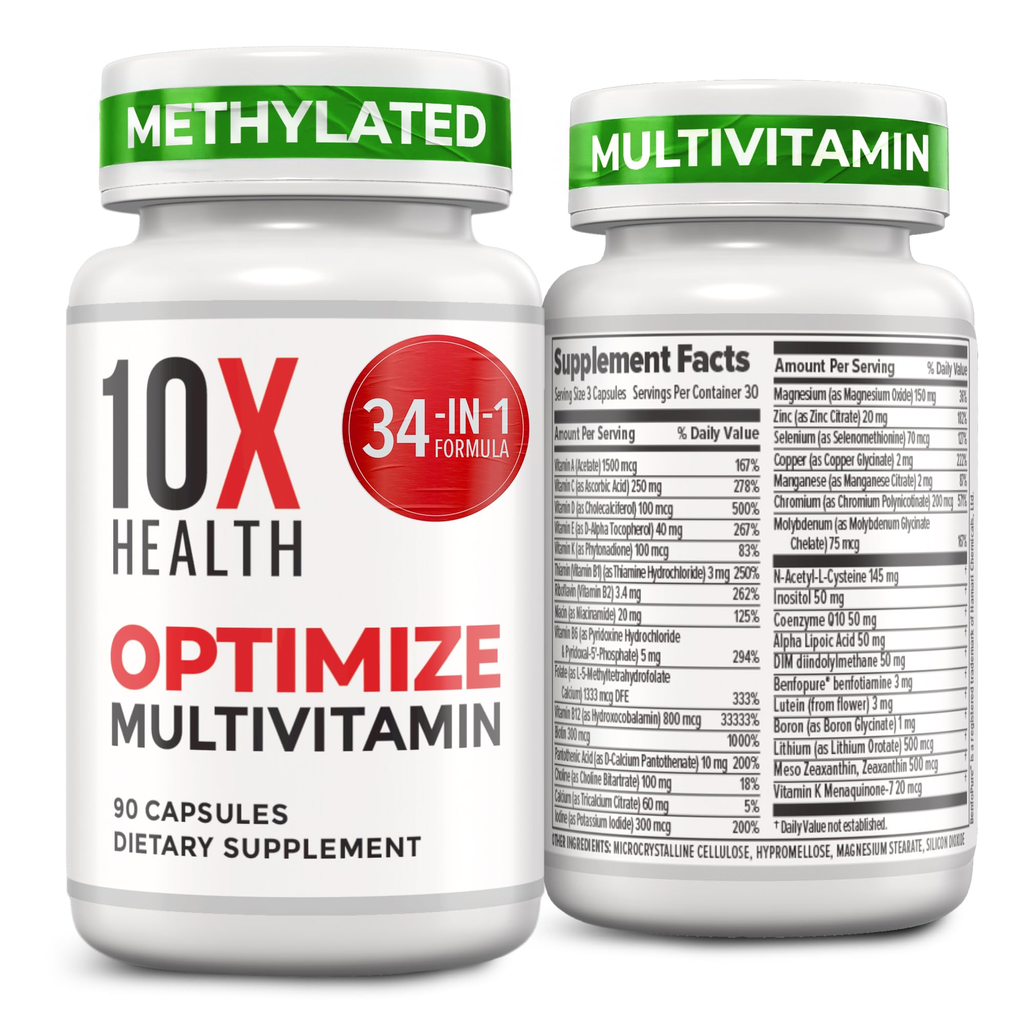 10X Health Optimize Multivitamin for Men - 90 Capsules, Methylated Multivitamin 34 in 1 Formula with 800 mcg of Vitamin B12, 5-MTHF, NAC - Methyl B Complex, MTHFR Supplement