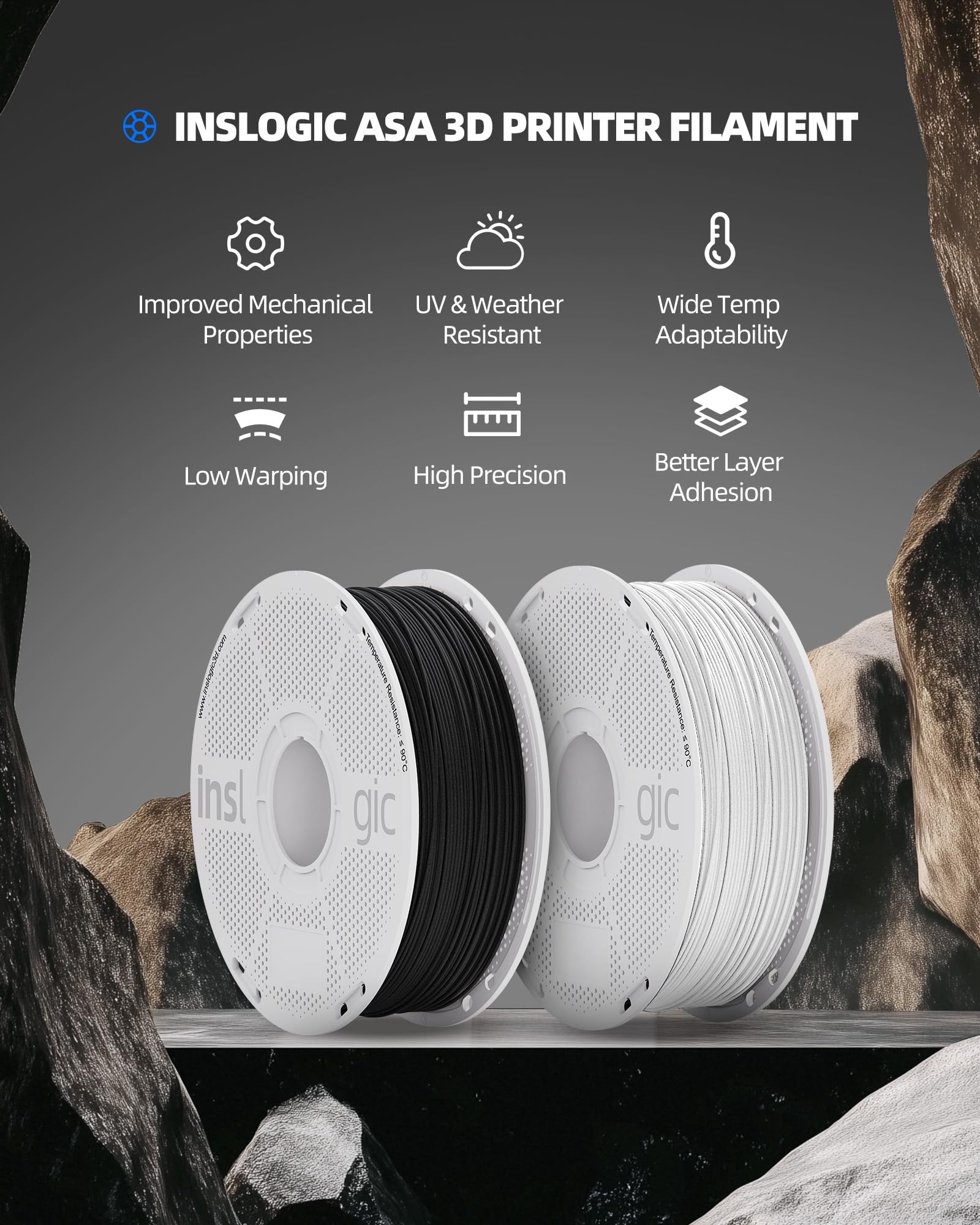 Inslogic ASA Filament Pęczek 1,75 mm, 4 kg, do drukarek 3D, odporny na UV i warunki atmosferyczne, wysoka wytrzymałość i odporność na ciepło, gładki druk, Czarny+Czerwony+Niebieski+Zielony