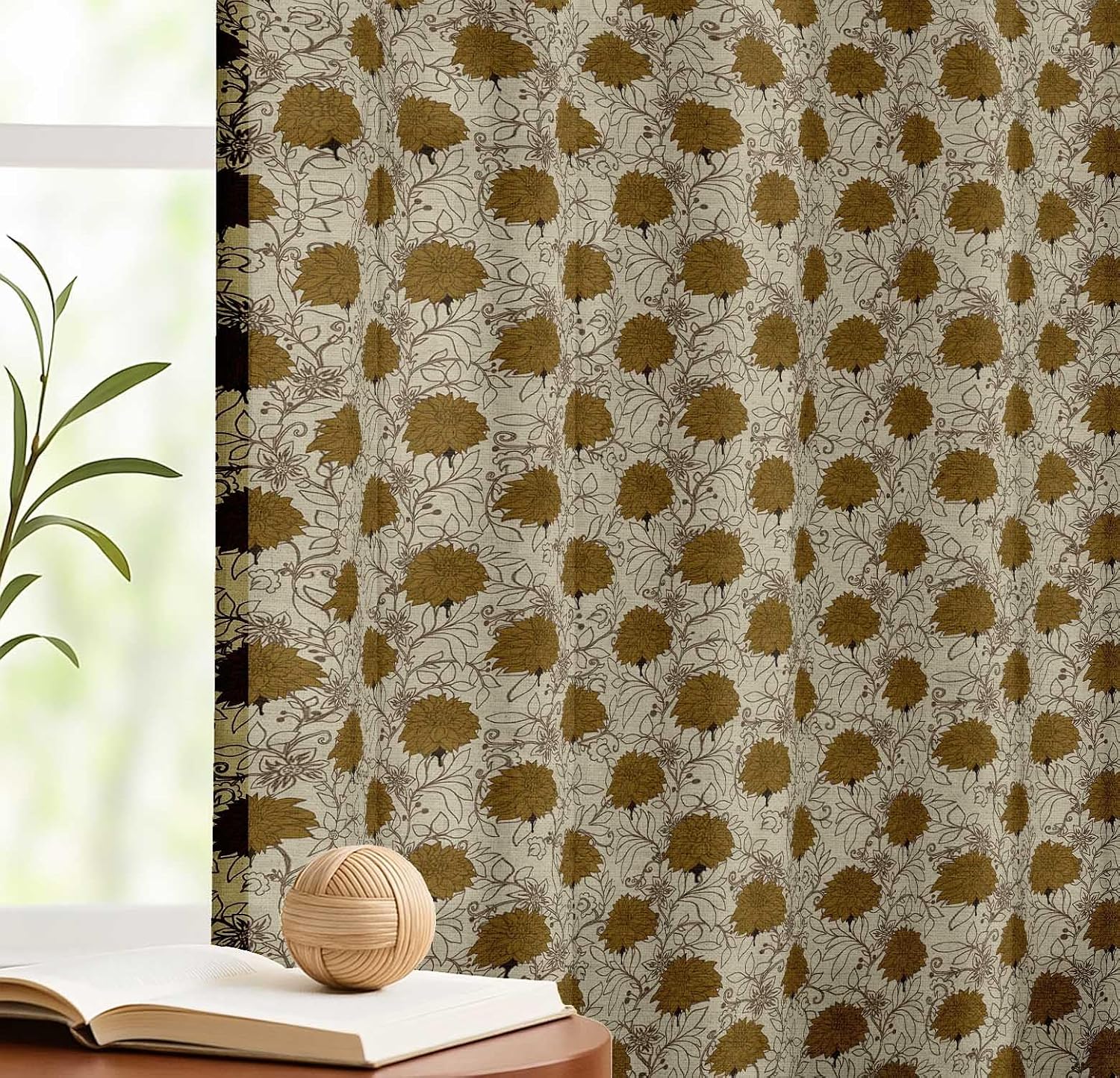 Cotton Curtains for Windows - 3-in-1 Rod Pocket/Back Tab Short Window Drapes - Light Filtering Cotton Canvas Panels - Set of 2, 52"x63" - Floral Print (Green)