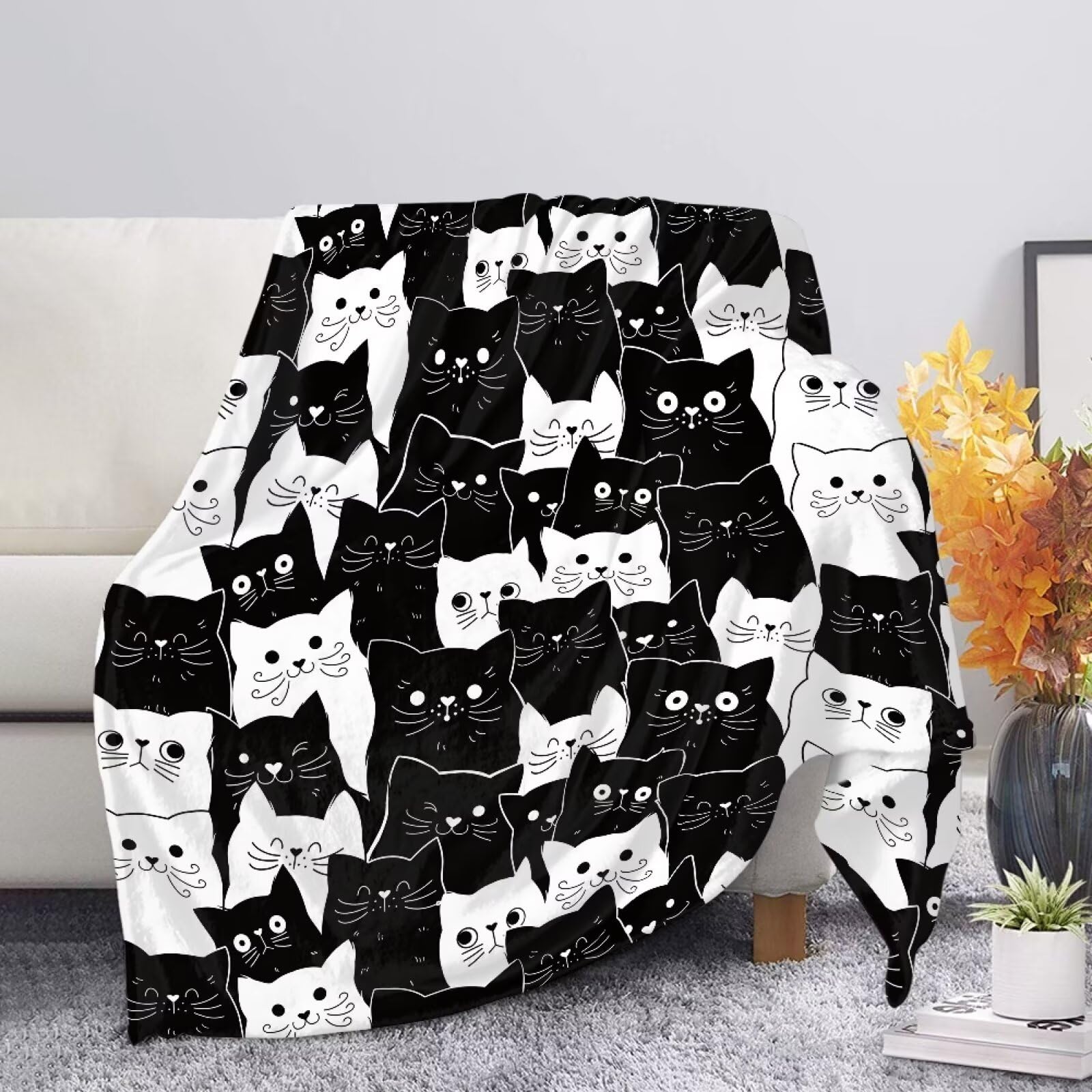 Allcute Fuzzy Black Graphic Print Couch Blanket for Bed Living Room Cozy Soft Sofa Throws Cute Kitten Cat Throw Blanket for Fall Winter