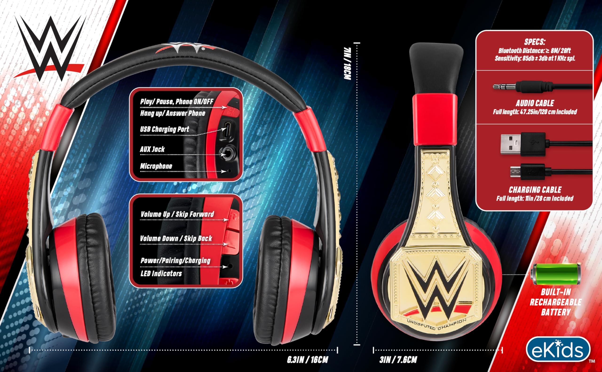 eKids WWE - Auriculares Bluetooth inalámbricos con micrófono, incluye cable auxiliar, auriculares para niños para escuela, hogar o viajes
