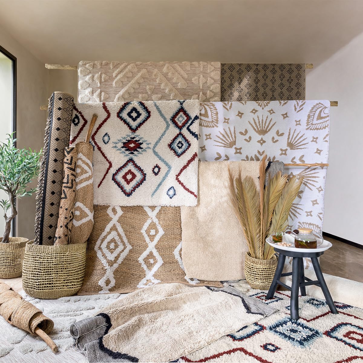 Tapis décoratif Ivoire Bleu et Terracotta Esprit Berbère 120 x 170 cm - Atmosphera