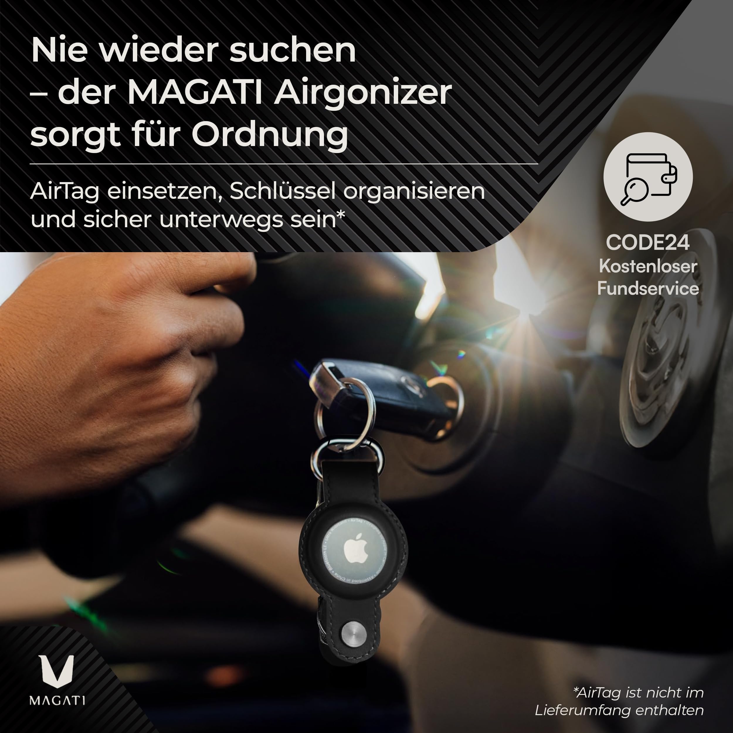 MAGATI Airgonizer (Schwarz) – Schlüssel Organizer mit AirTag Schlüsselanhänger aus hochwertigem Leder & Multitool – Kompatibel mit Apple Airtag 1 & 2 – 1 Jahr Code24 Fundservice inklusive