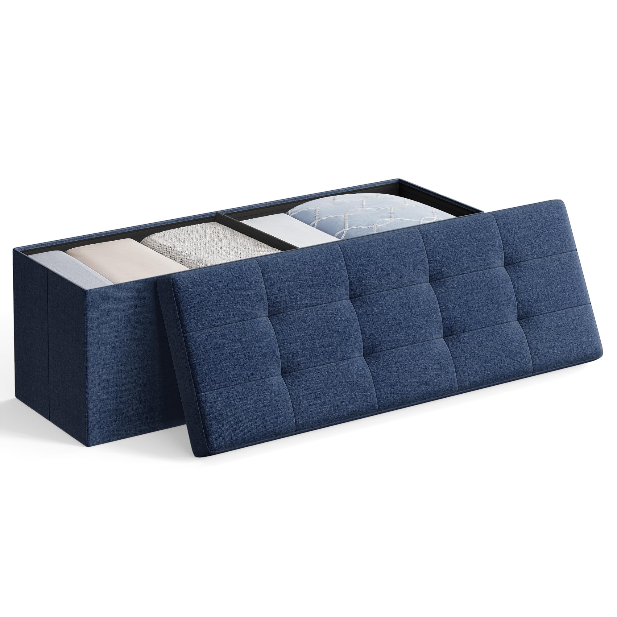 SONGMICS MAZIE Collection - Storage Ottoman Bench, 110 cm Folding Foot Rest Stool, End of Bed Bench, Easy Assembly, for Living Room, Bedroom, Entryway, Dark Blue LSF077Q52