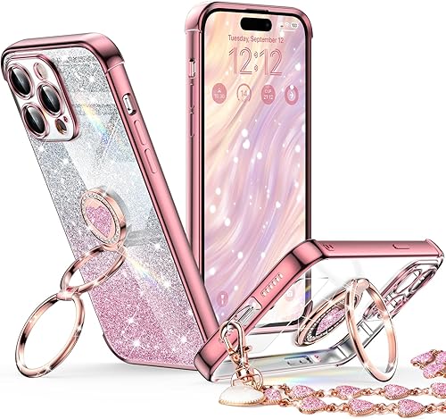 Miniatura 40 de XYZ Funda para iPhone 14 con soporte, funda para teléfono con soporte de doble anillo, para mujeres y niñas, funda transparente con purpurina de Oro