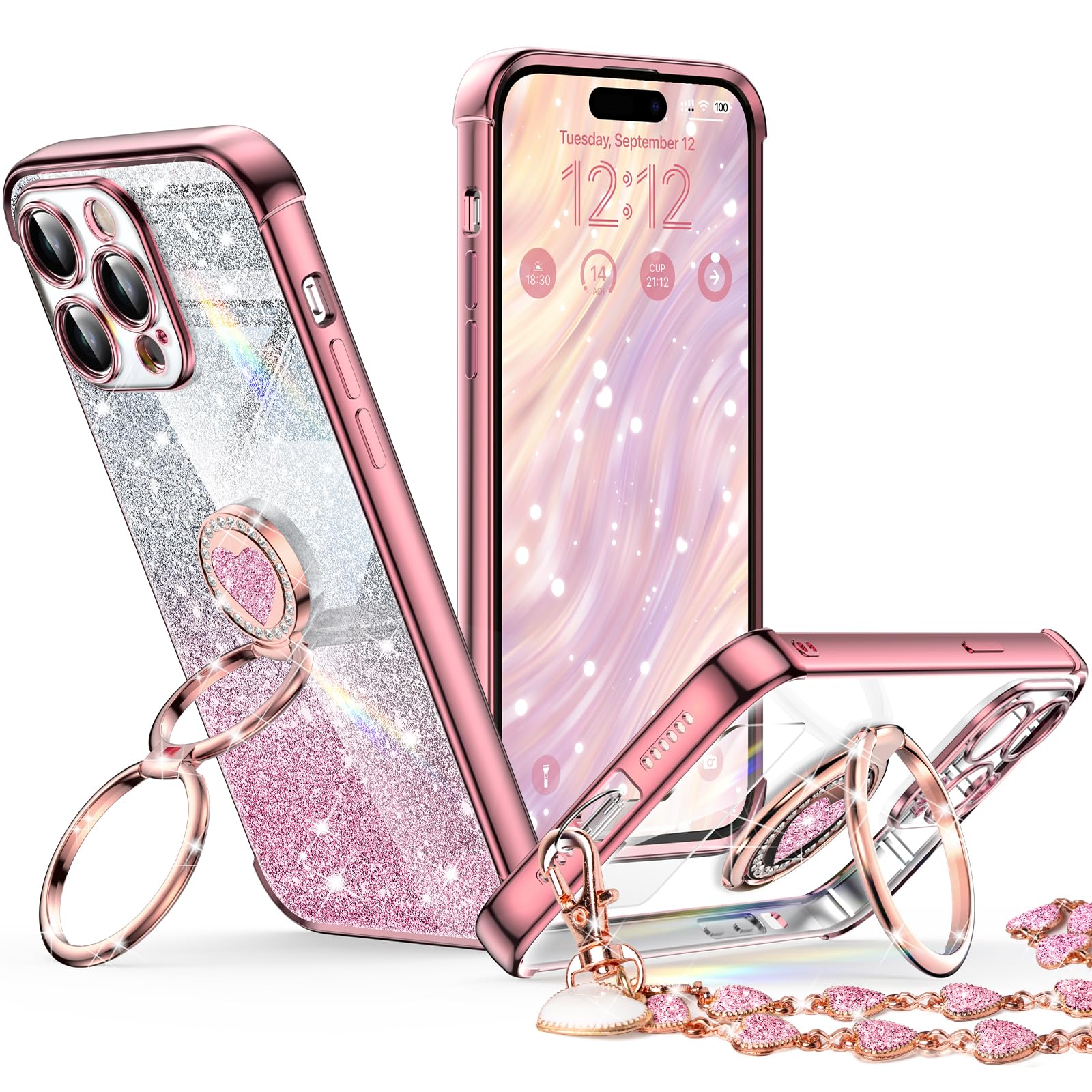 XYZ for iPhone 15 Pro Case with Stand, Phone Case with Double Ring Kickstand, Women Girls Cute Love-Heart Luxury Bling Protective Case Heart for