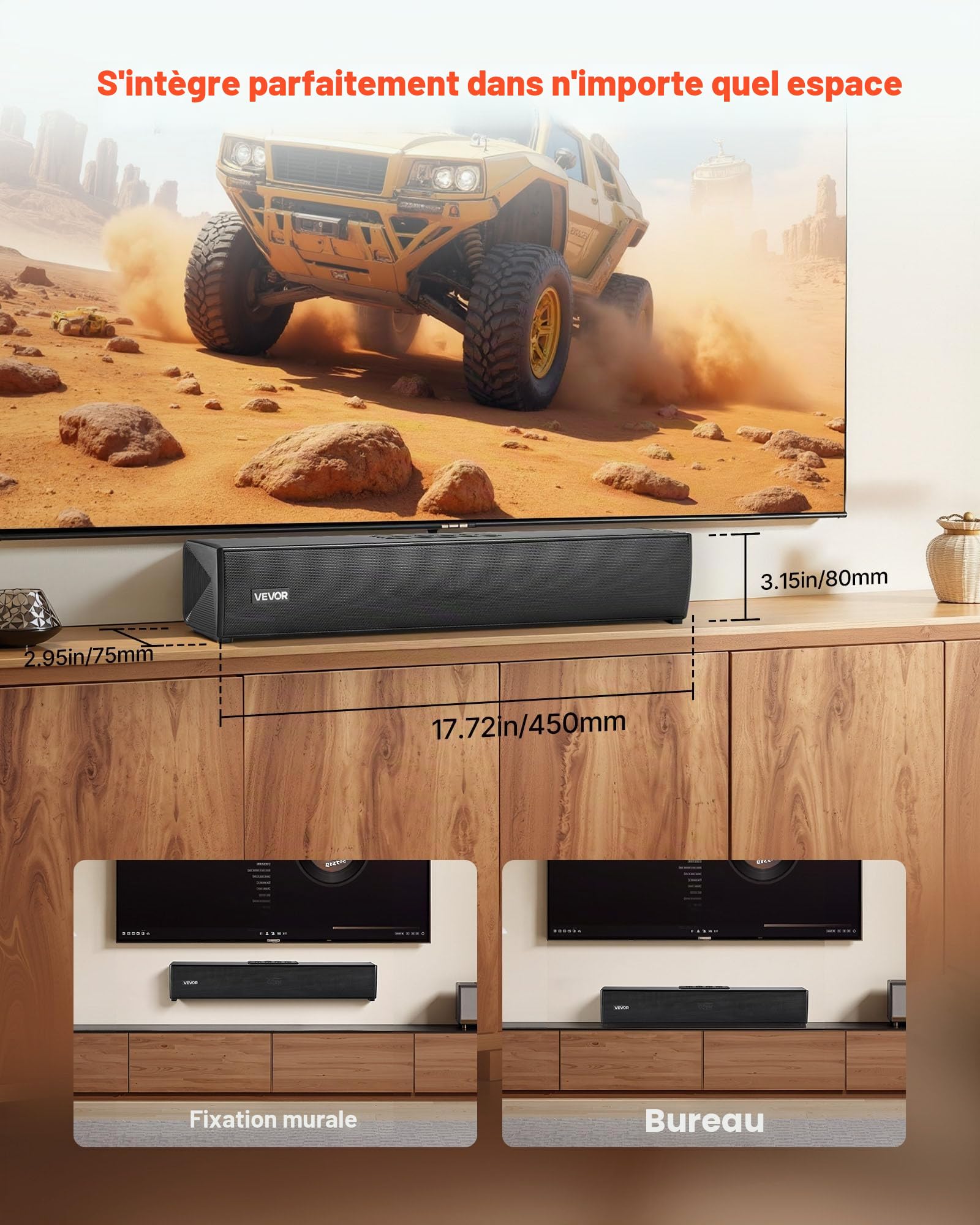 VEVOR Barre de Son pour Smart TV 2.0 Canaux, Compacte 45 cm, Enceinte TV Home Cinéma Projecteur, Connexion Bluetooth AUX, avec Télécommande, Système de Son Surround Stéréo 80 W pour PC, Téléviseur