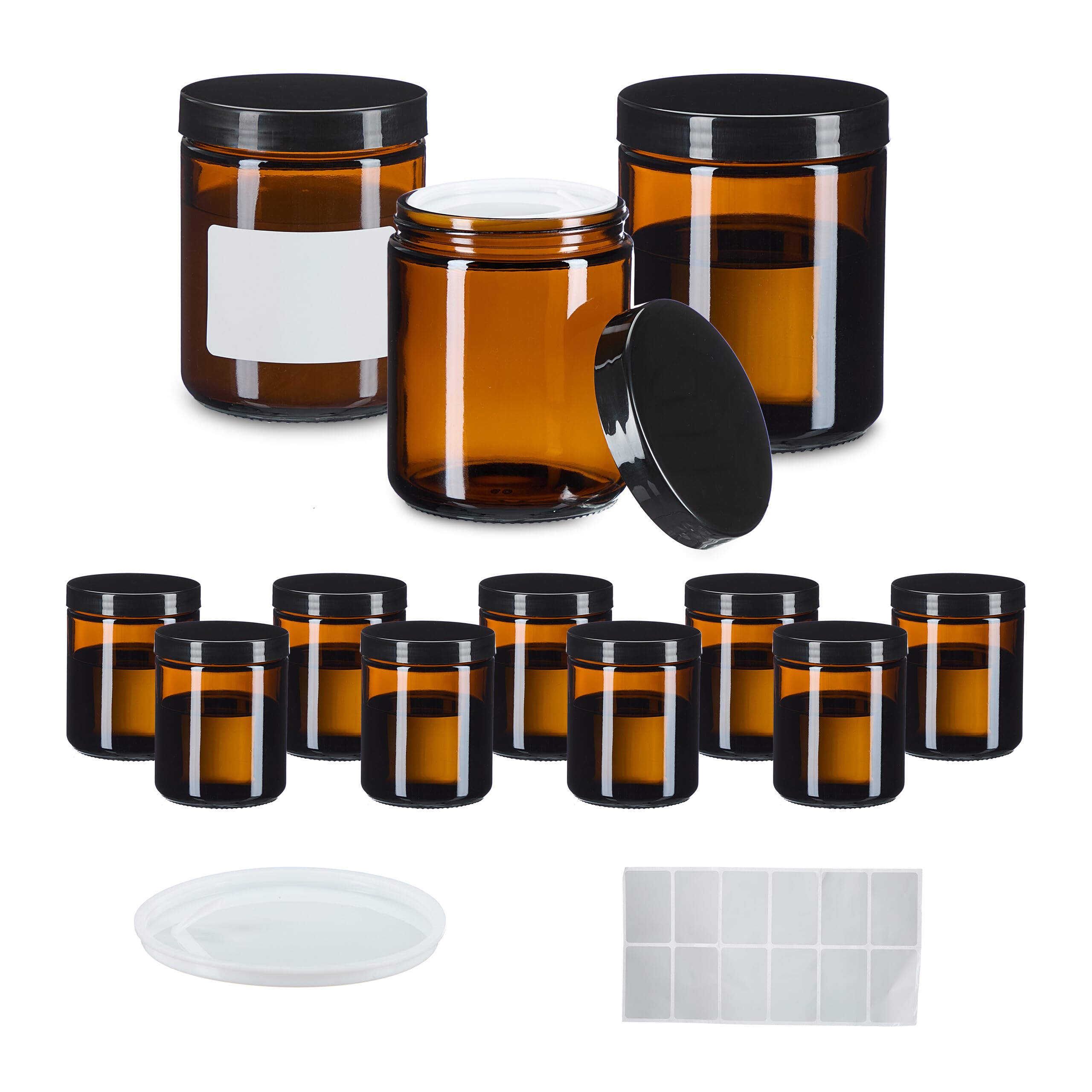 Relaxdays Vasetti di Vetro per Creme e Cosmetici, 12 Contenitori Vuoti 240 ml, Etichette, Barattoli da Viaggio, Marrone