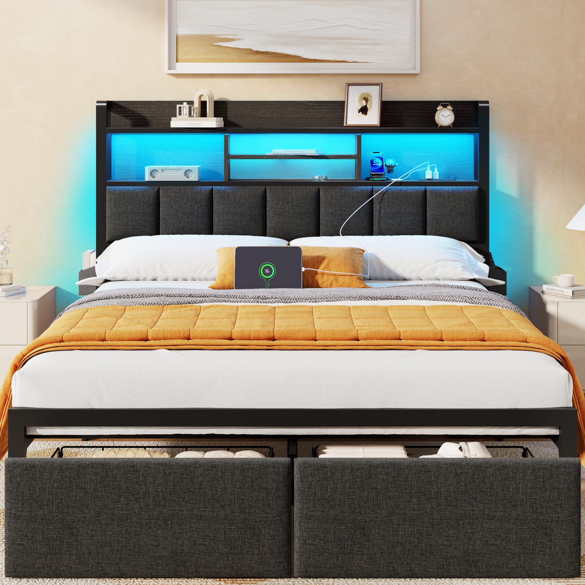 Furnulem Full Size Bed Frame with Upholstered Headboard