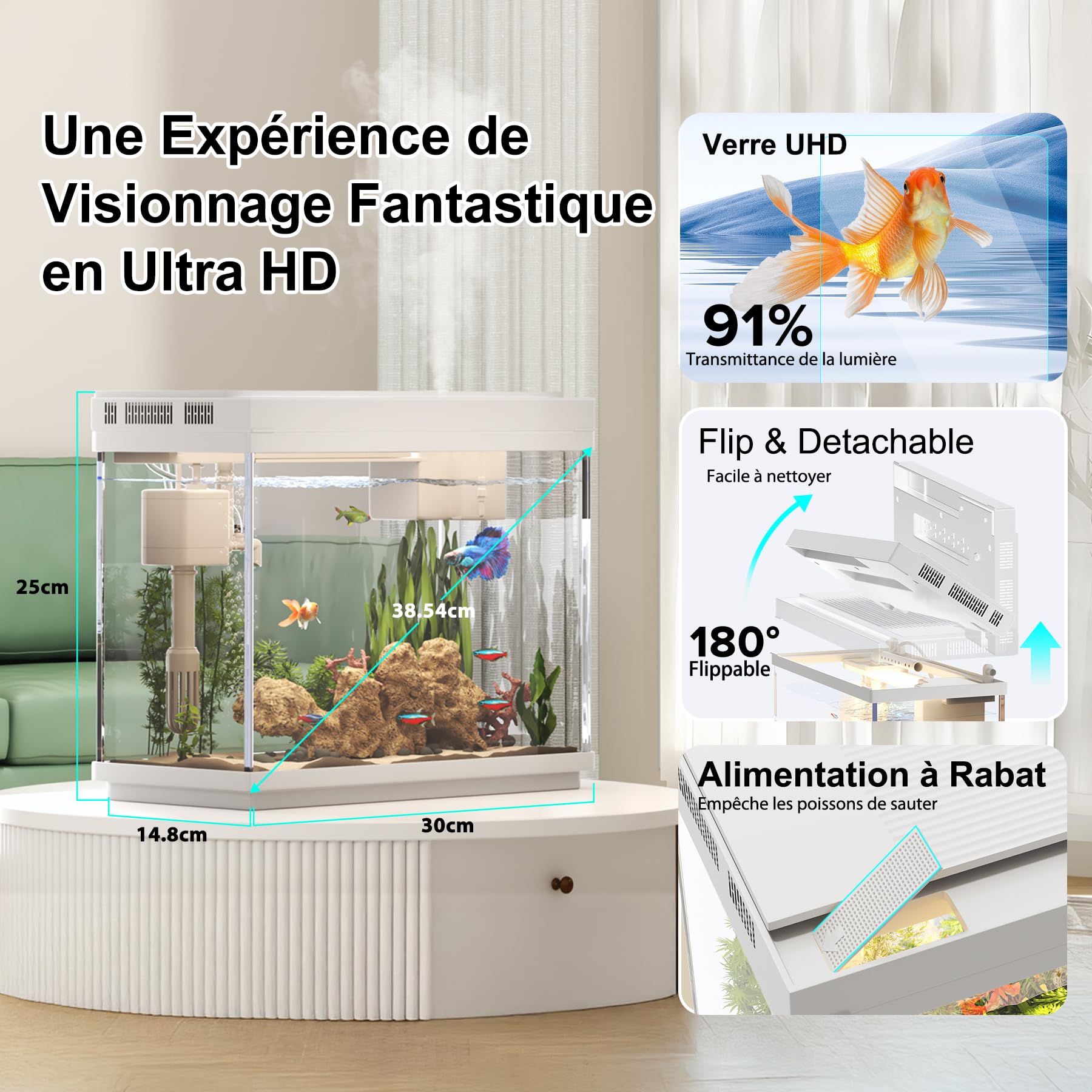 Vehipa Aquarium - Petit Aquarium 9L avec Humidificateur Intelligent, Système D'autocirculation 3 en 1, Affichage de la Température, éclairage 7 Couleurs, écran UHD
