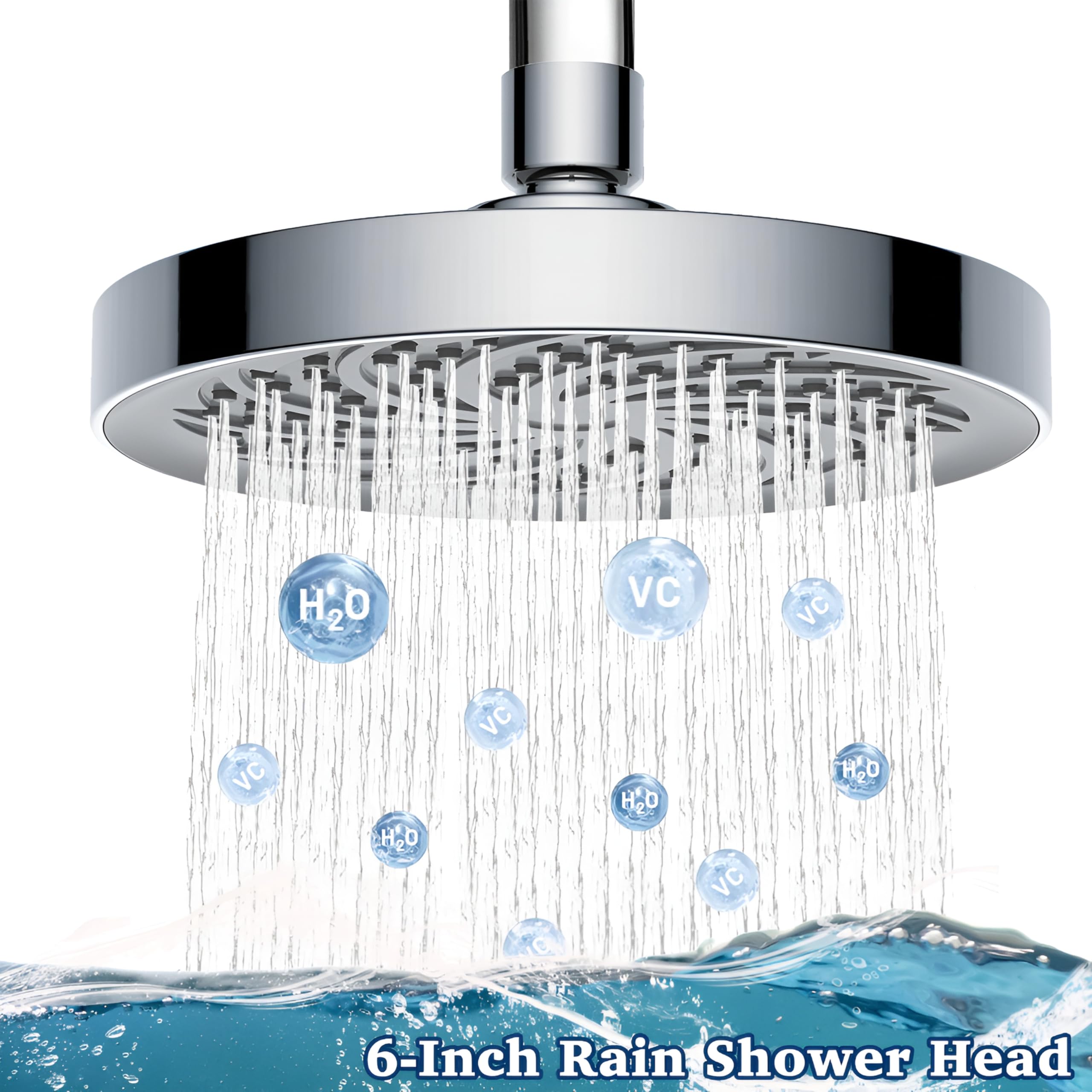 Rainfall Shower Head, Fixed Mount, Adjustable Arm, Chrome Finish, 6 In