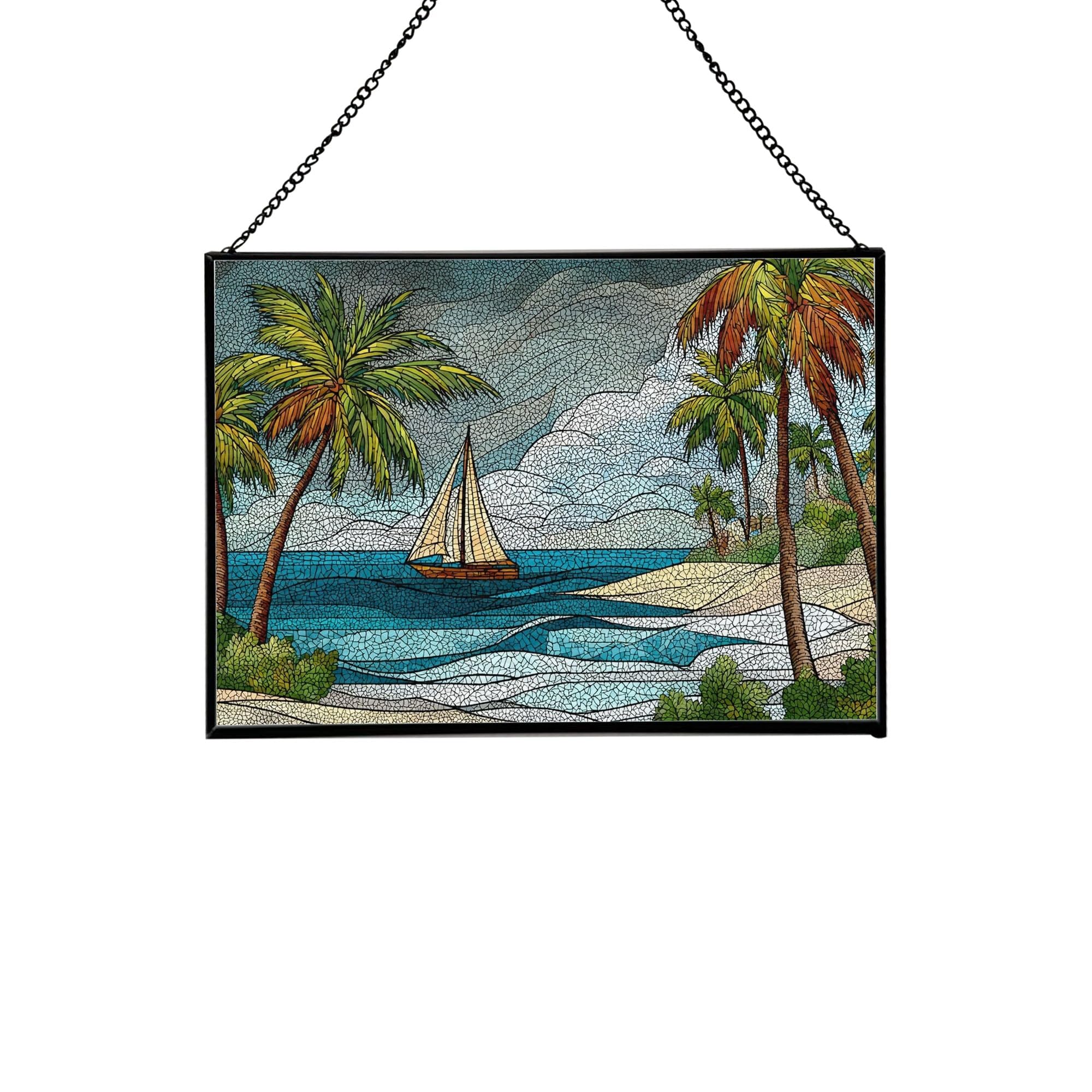 Silvers Sands-Aruba Stained Glass Suncatcher – Rectangular Hanging Window Panel with Coastal View – Tropical Ocean Scene Glass Art Gift for Seaside and Travel Décor Lovers zKvfhd