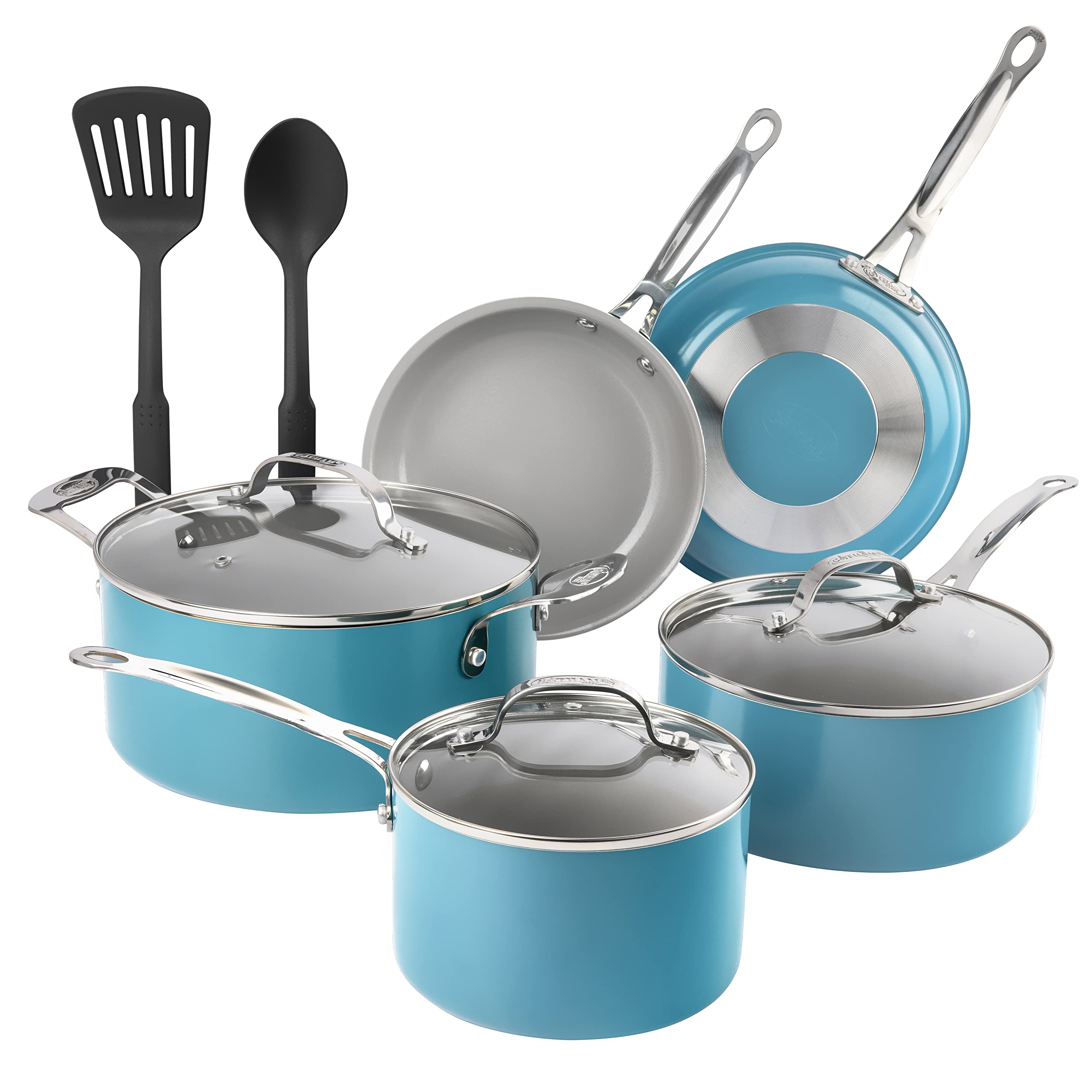 Gotham Steel 10 Piece Cookware Set Pots and Pans Set with Ultra Nonstick Ceramic Coating, 100% PFOA PFAS Free Cookware Set, Stay Cool Handle, Metal Utensil Oven &amp; Dishwasher Safe - Turquoise Blue